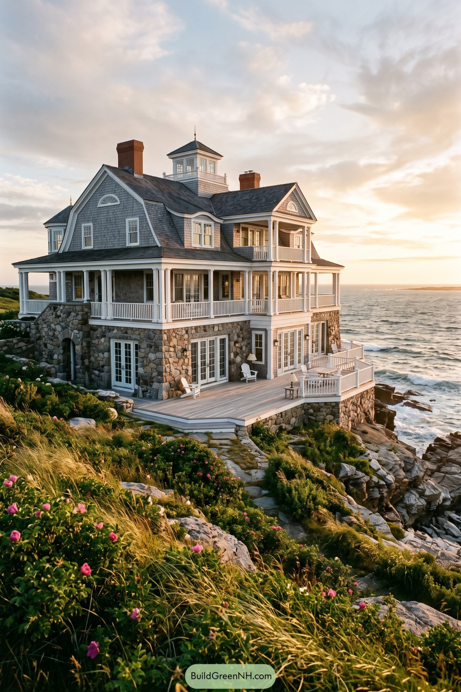 Gray shingle house with porches above rocky shore