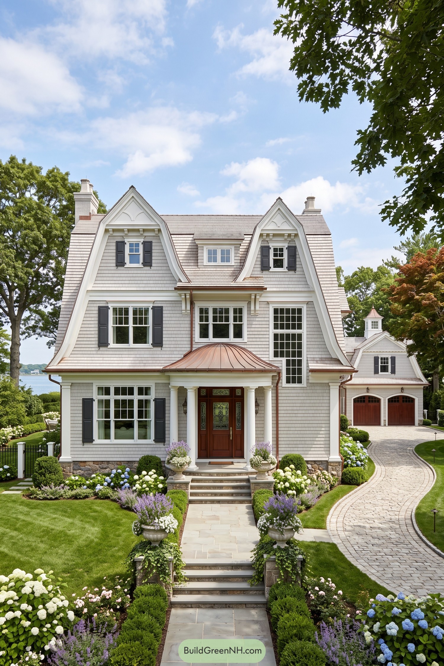 Gray shingle gambrel house with copper entry roof and black shutters