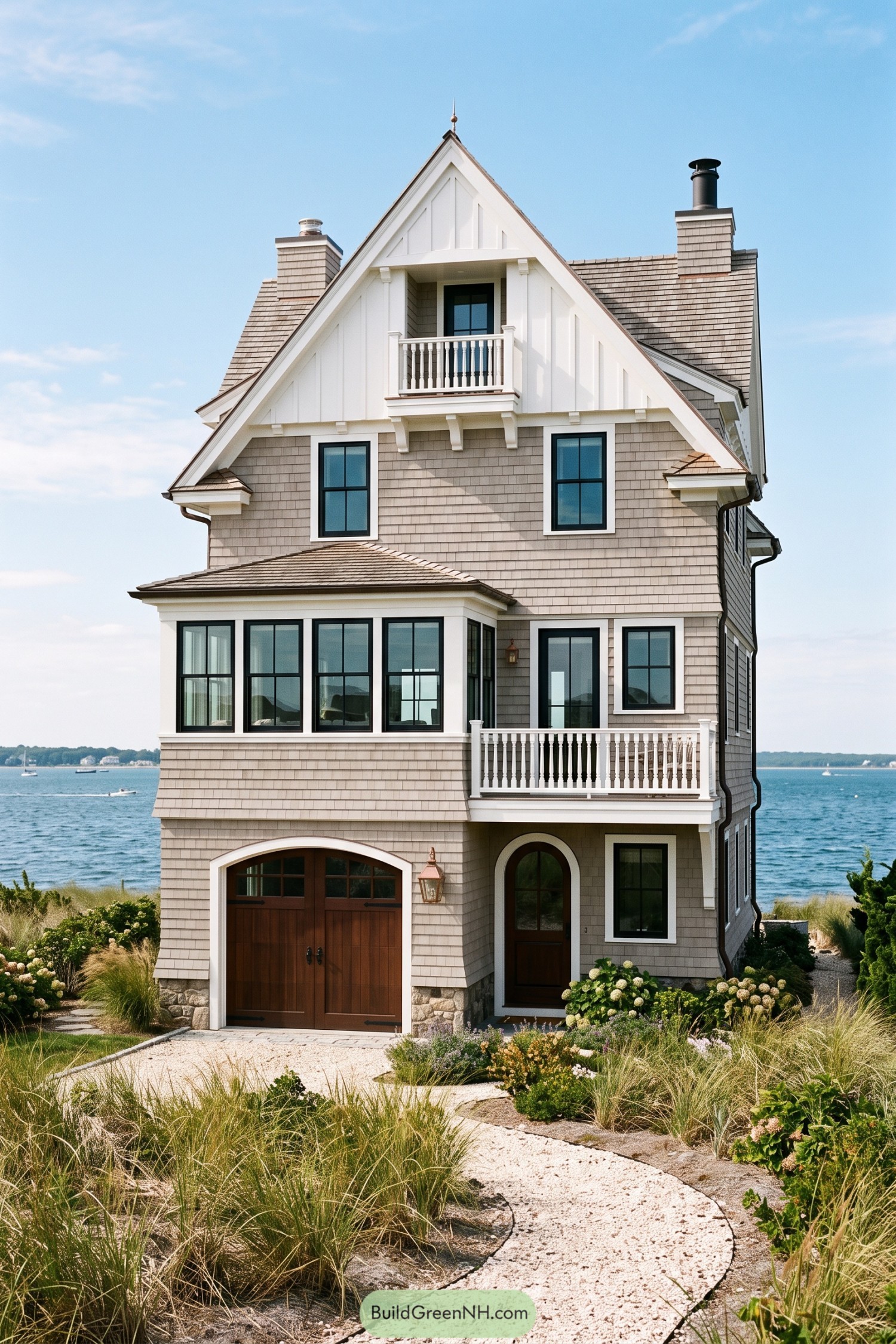 Tall shingle house with gable balcony overlooking the water