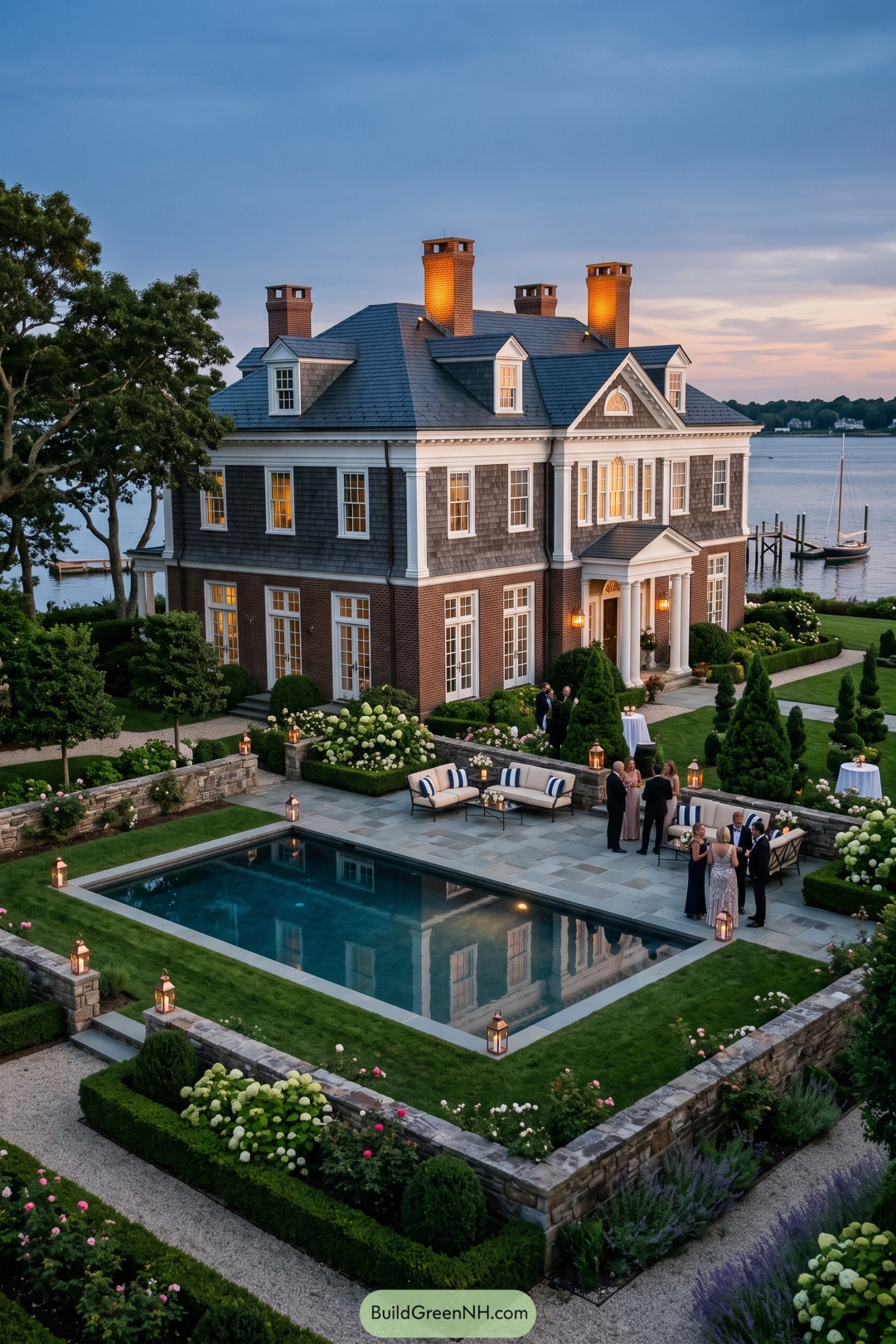 Waterside brick manor with a slate roof and pool terrace