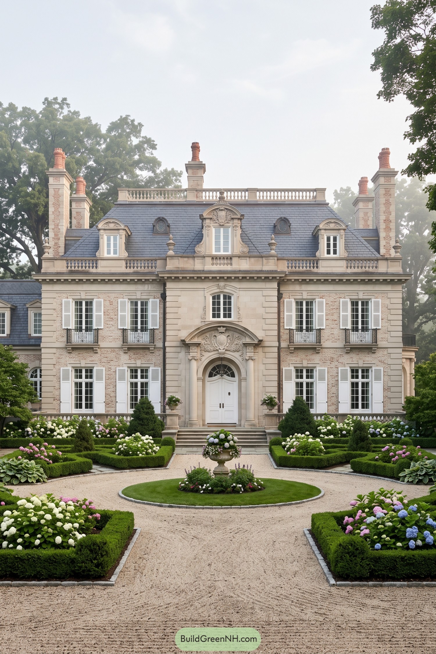 Formal stone and brick chateau with a slate mansard roof