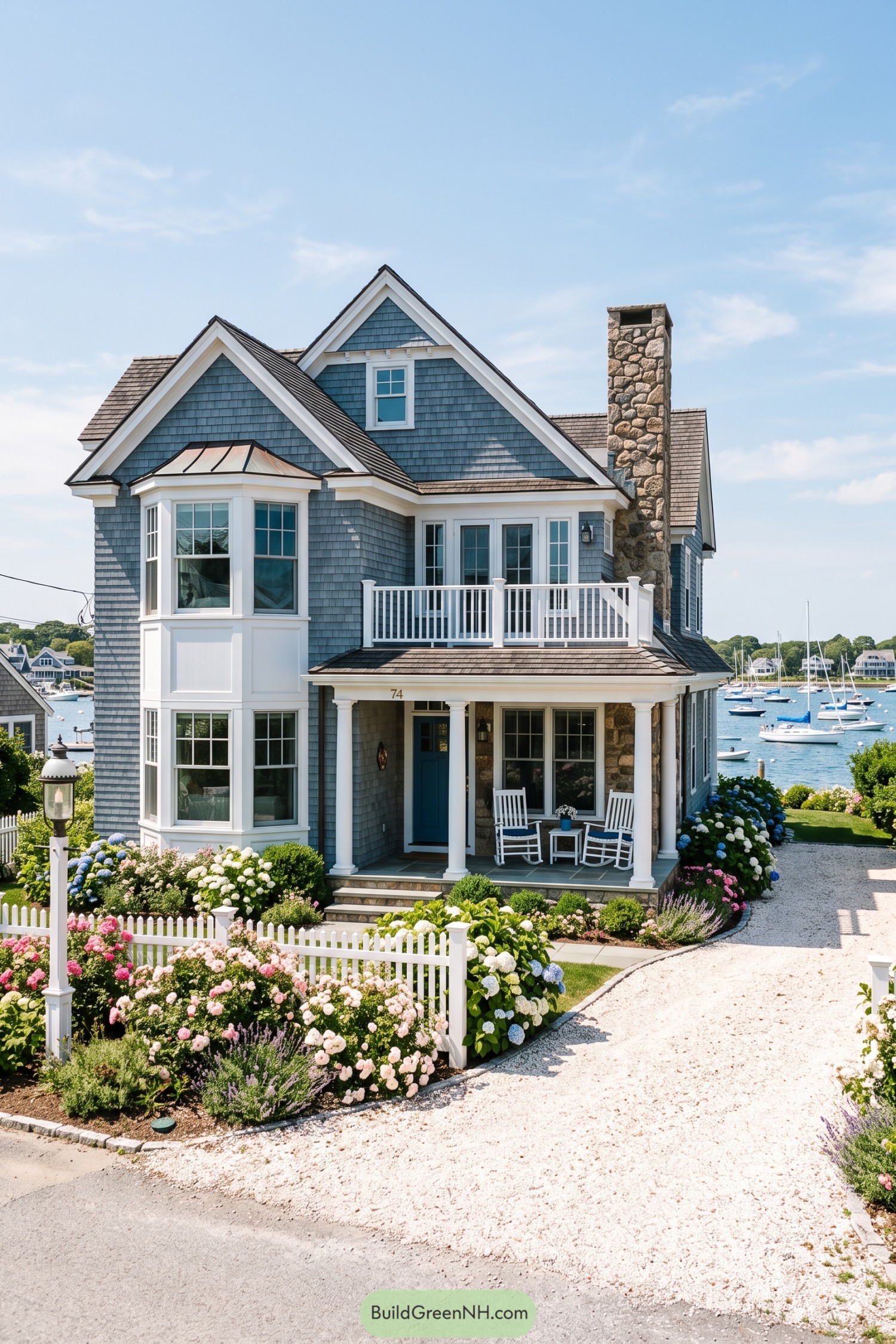 Blue shingle cottage with stone chimney overlooking sailboats