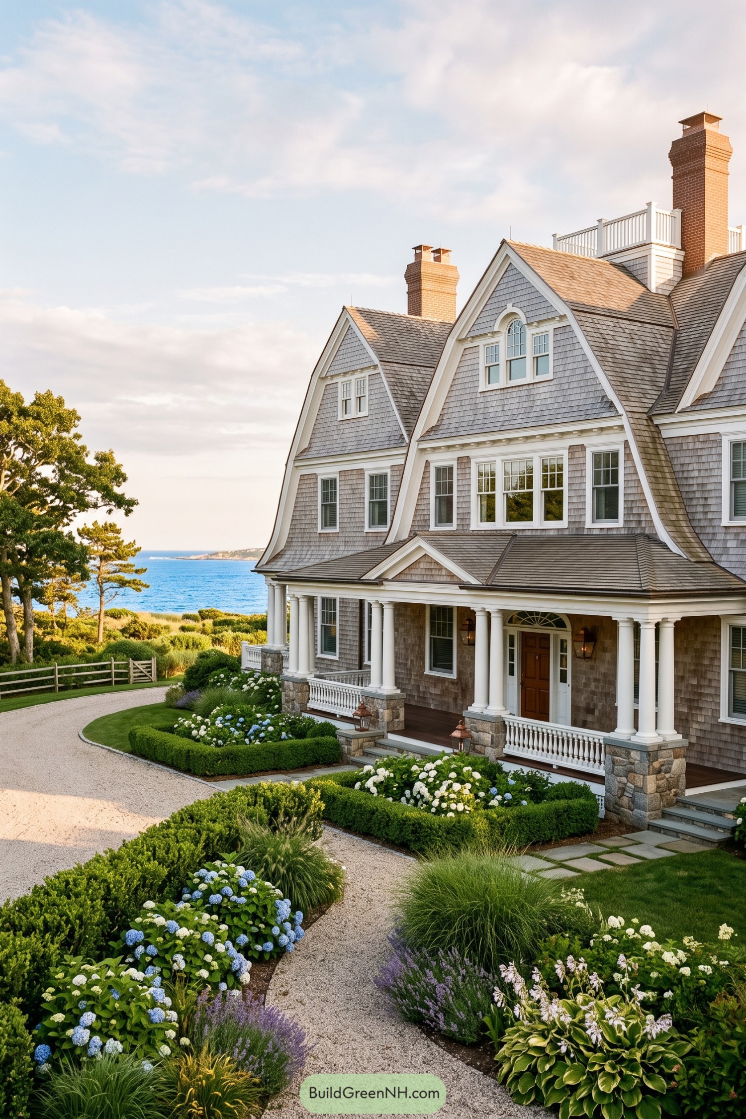 Gray shingle Newport house overlooking the ocean