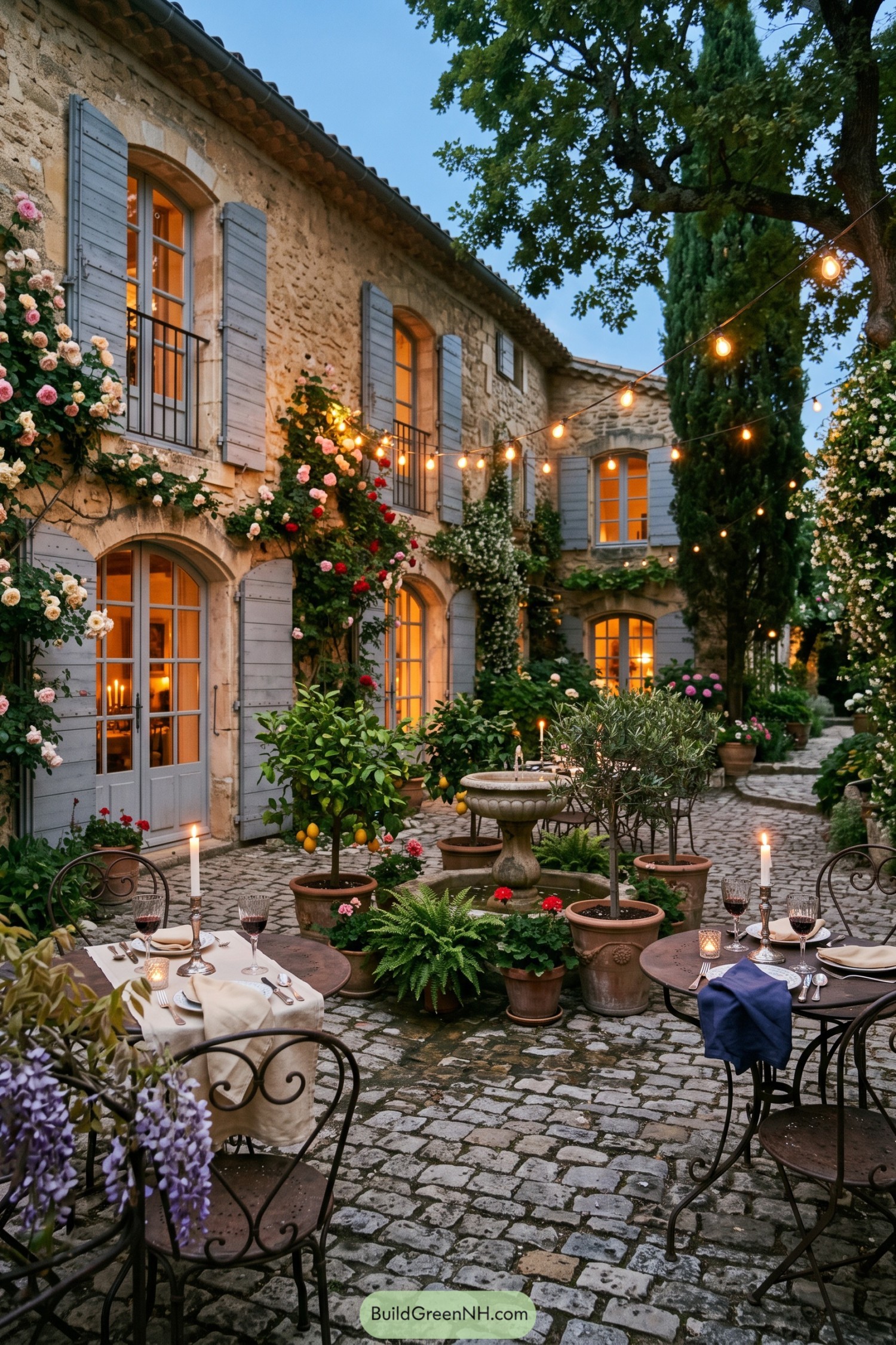 Candlelit stone courtyard with roses citrus trees and a fountain