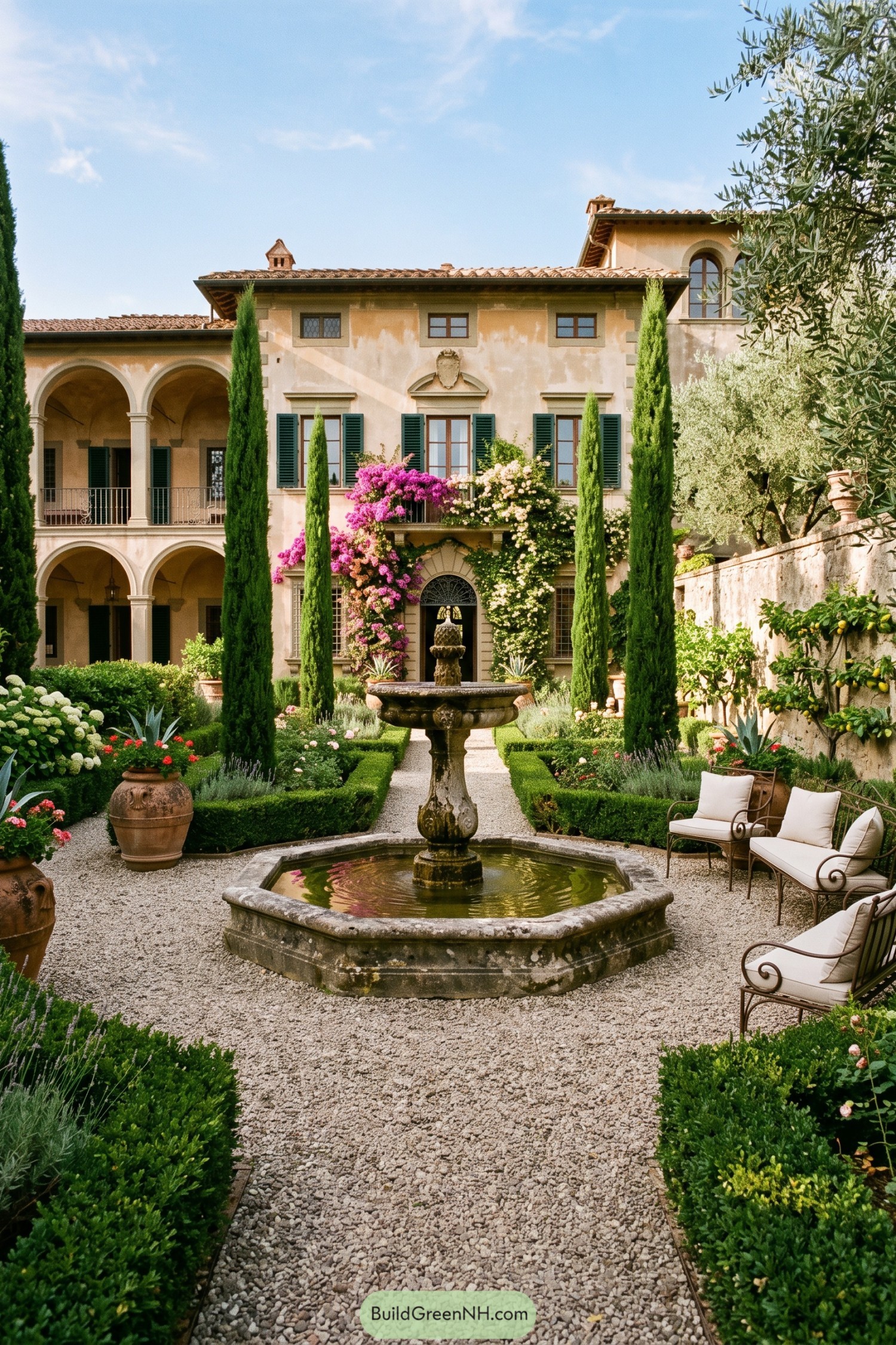 Formal Italian courtyard with stone fountain and cypress trees