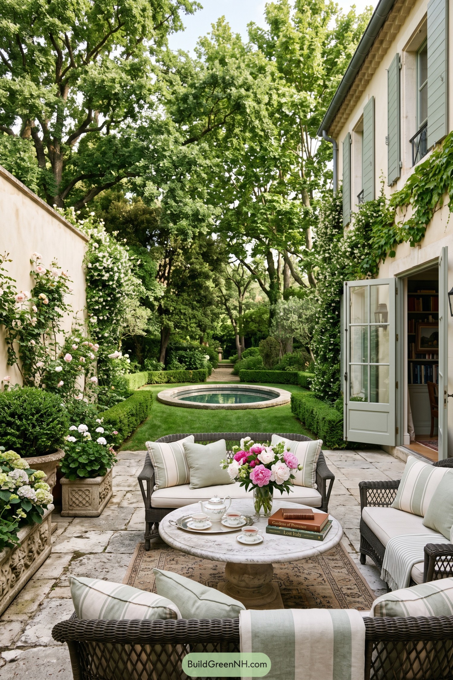 Wicker seating on a stone patio beside a formal garden