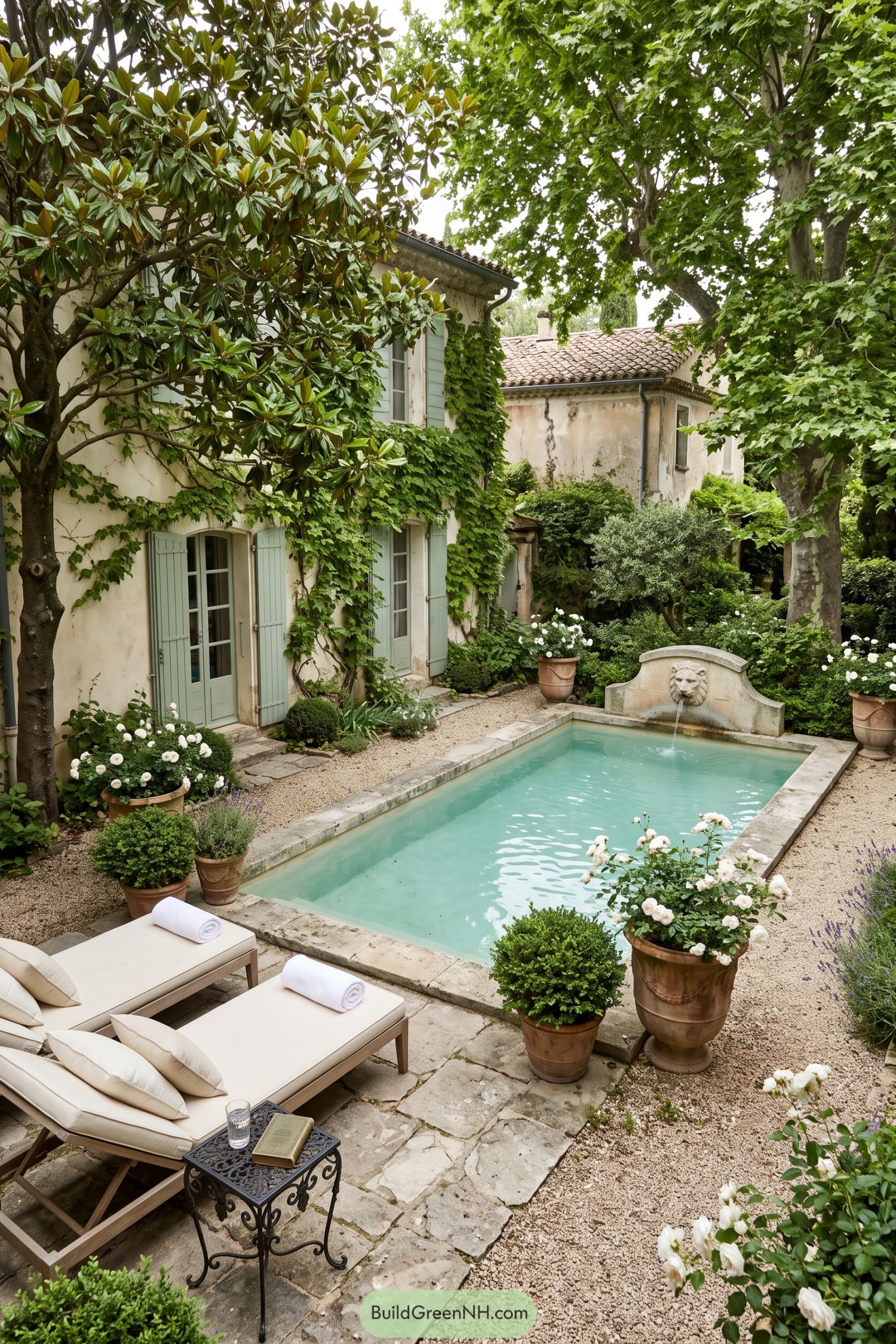 Stone-edged plunge pool beside an ivy-clad villa