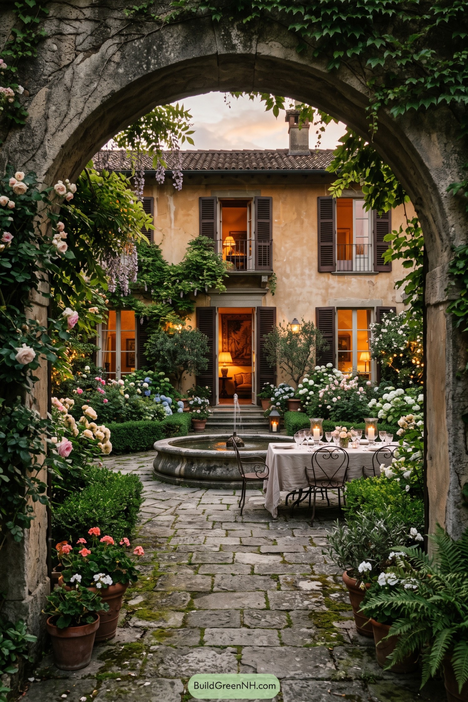 Stone arch framing a fountain courtyard with roses and dinner table