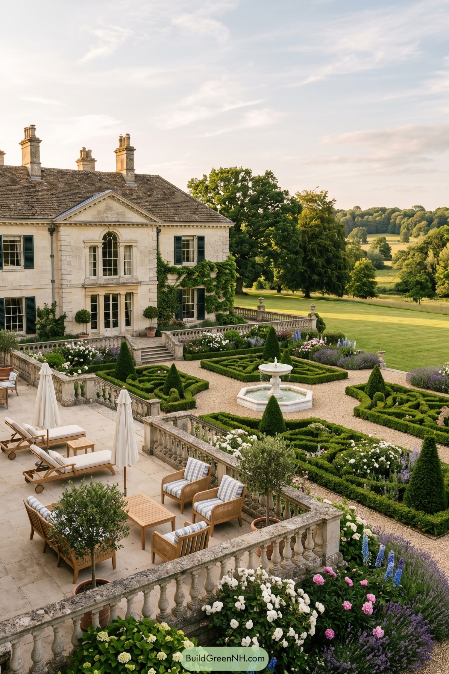 Stone terrace overlooking a formal fountain garden