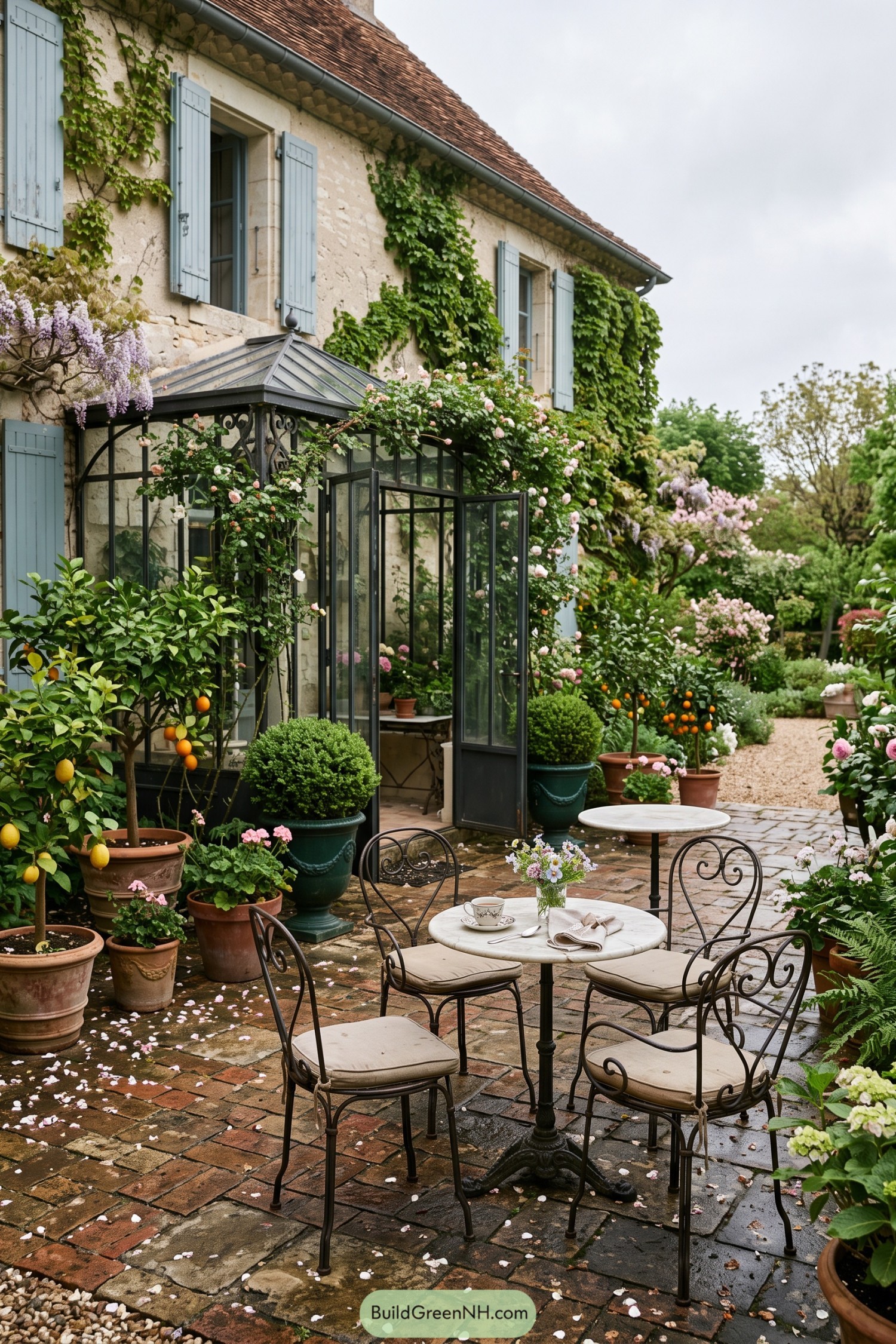 Ivy-clad stone house with glass porch and rose-filled patio