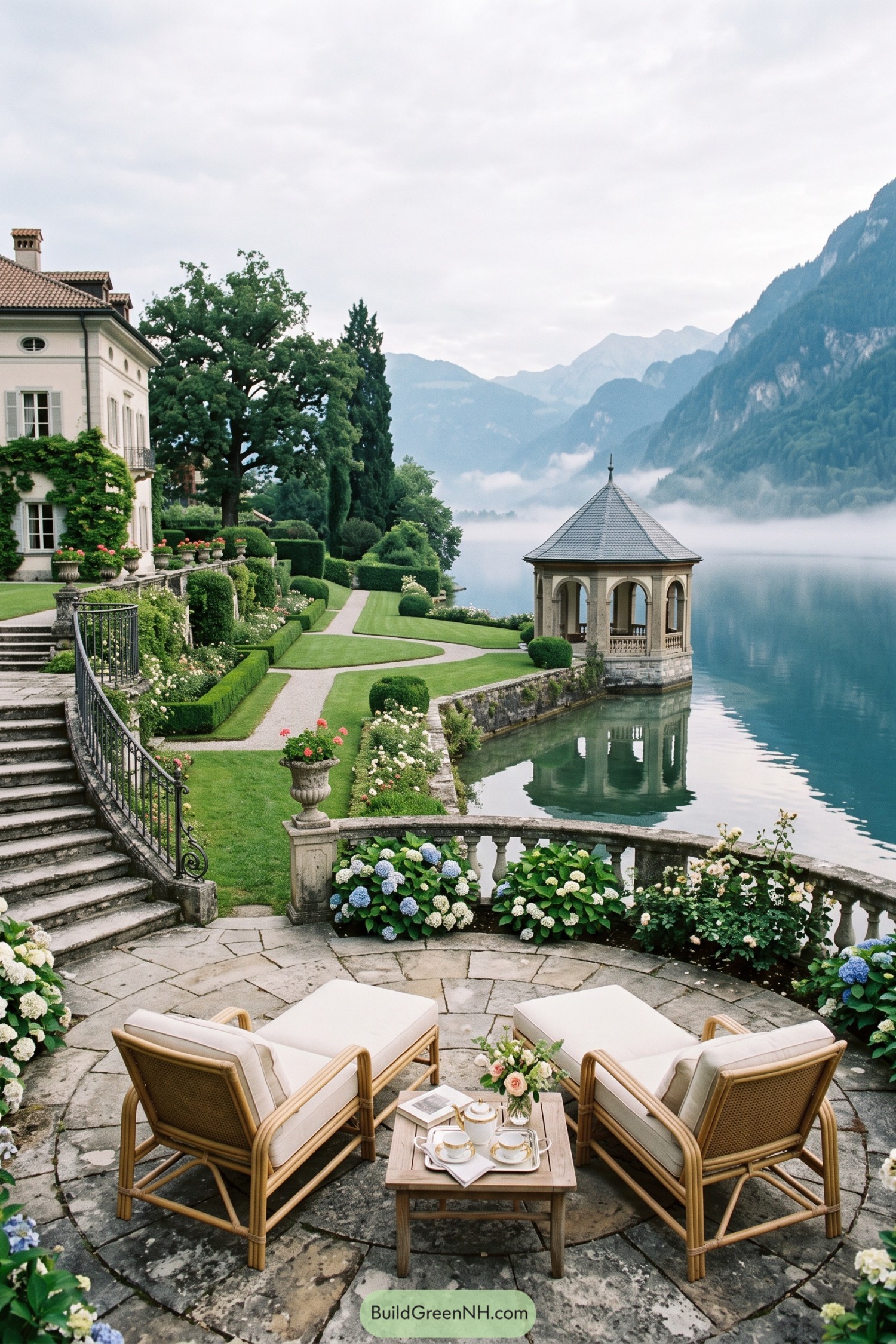 Stone terrace with rattan seating overlooking a lakeside pavilion and alpine garden