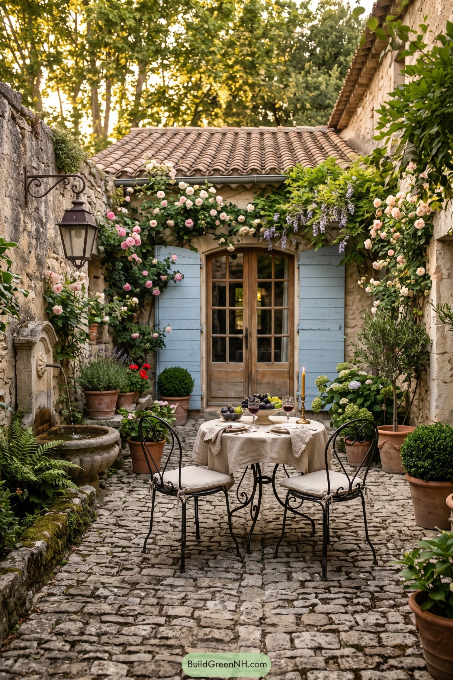 Cobblestone courtyard with roses blue shutters and a fountain