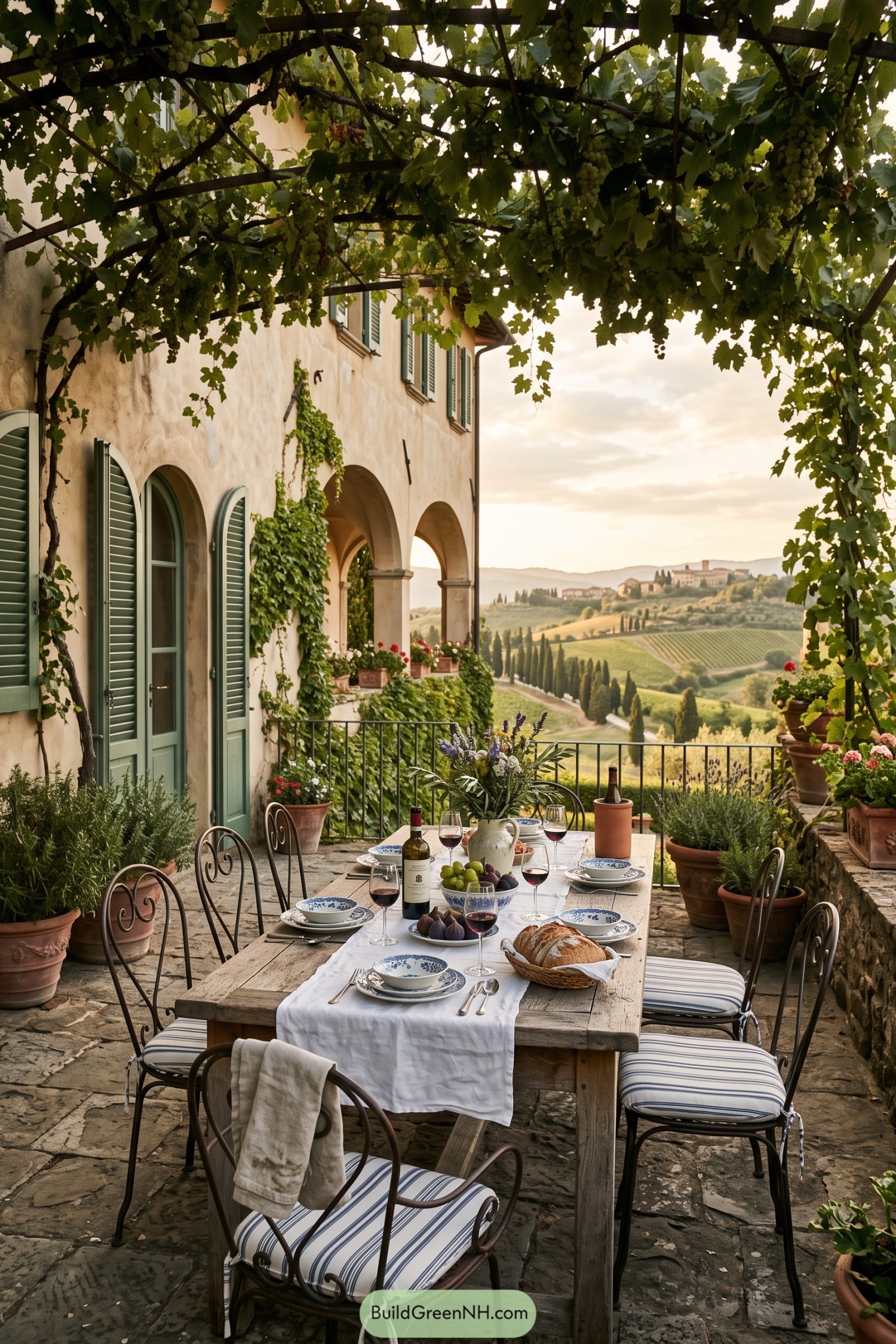 Vine-covered terrace with a vineyard view