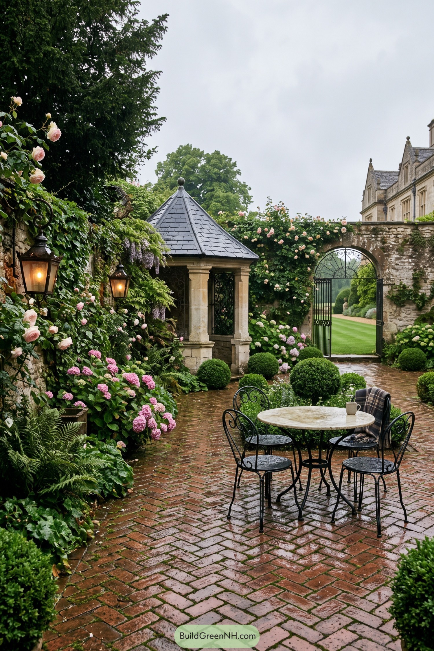 Brick courtyard with roses iron gate and stone pavilion