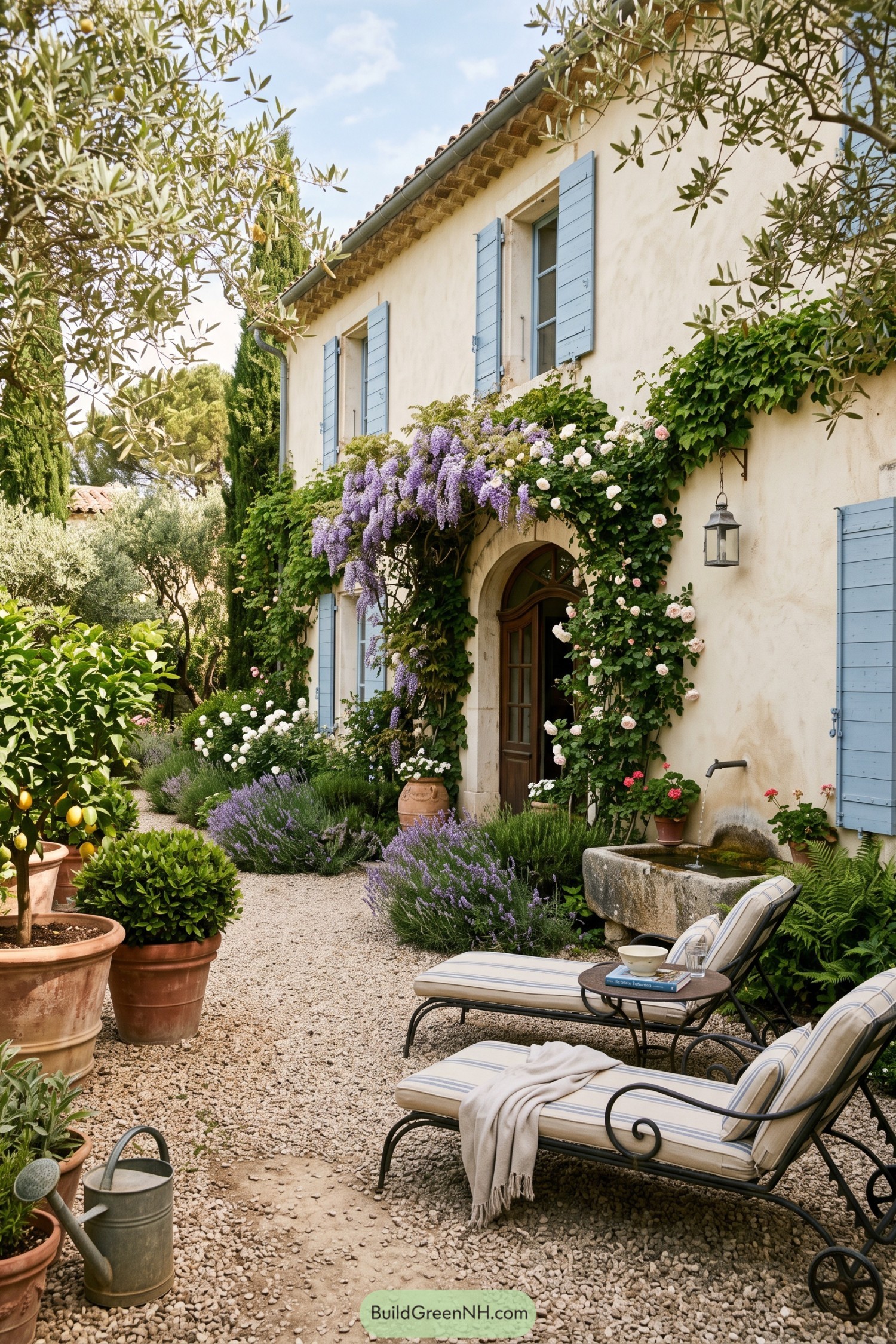 Gravel courtyard with lavender roses and blue shutters