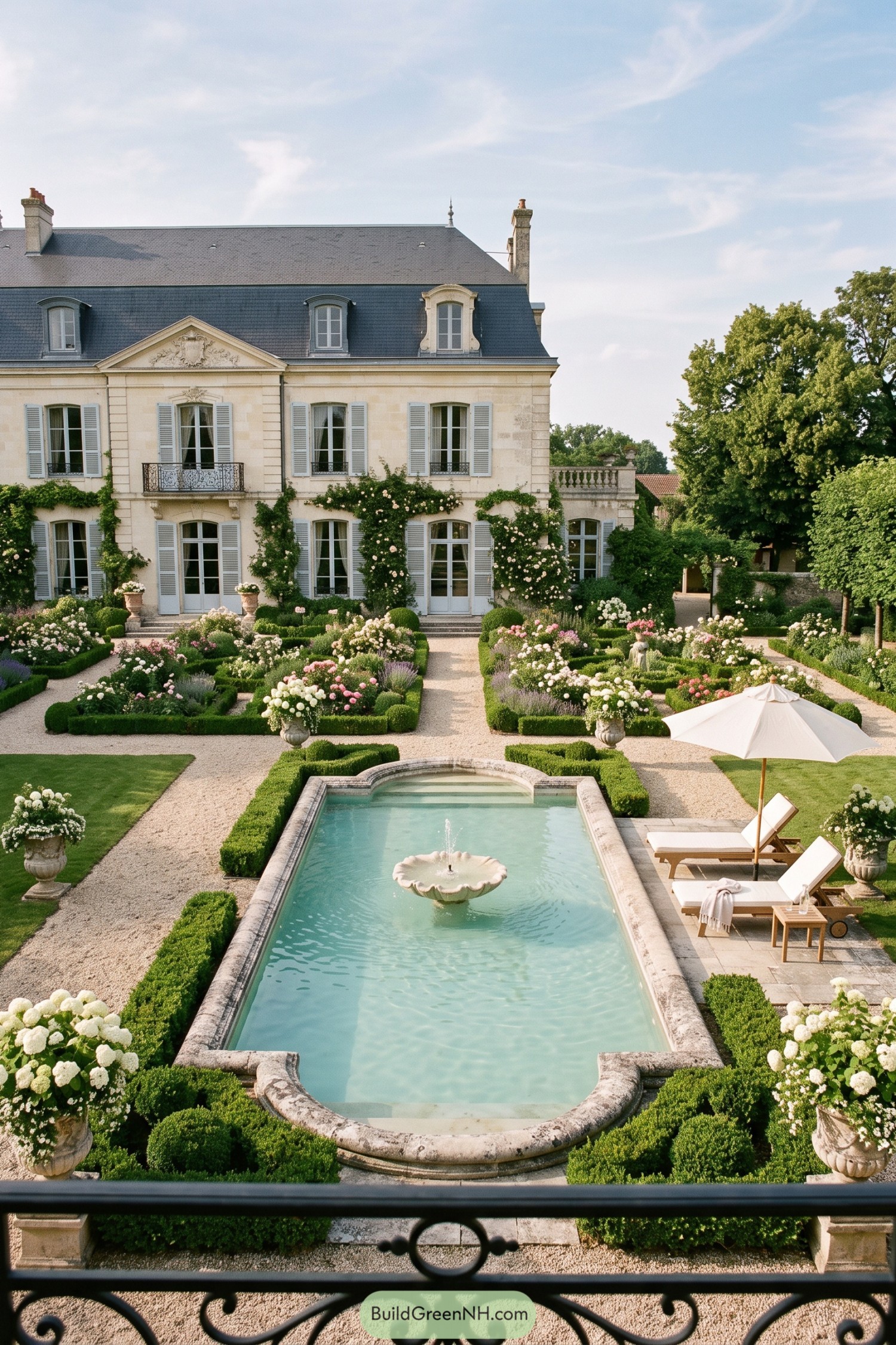 Formal rose garden with a stone-edged pool before a French manor
