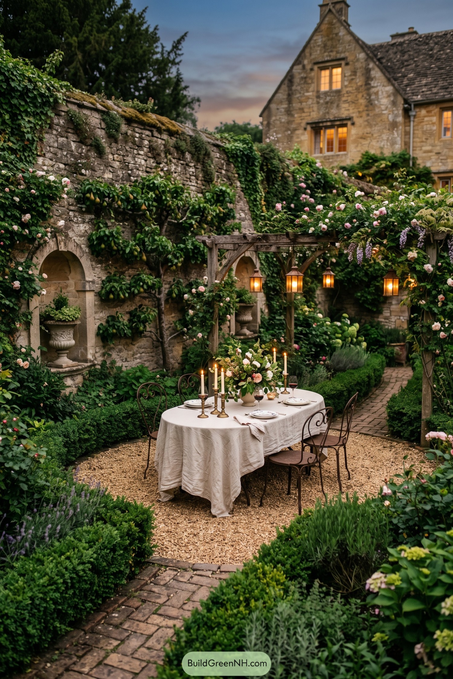 Candlelit gravel dining court beneath roses and stone walls