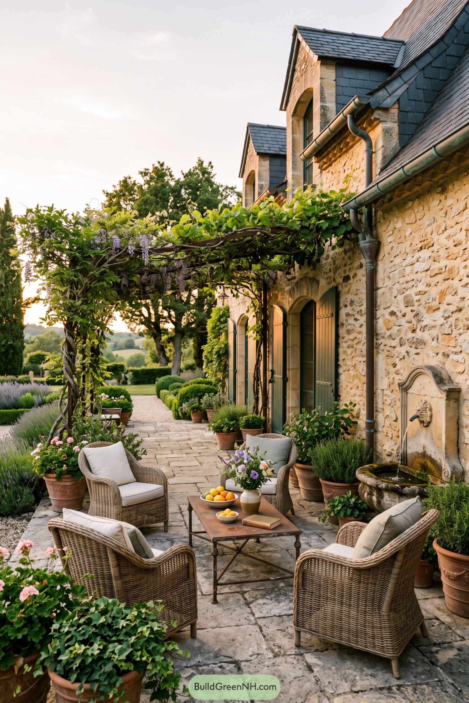 Wicker seating beneath a flowering vine pergola beside a stone manor