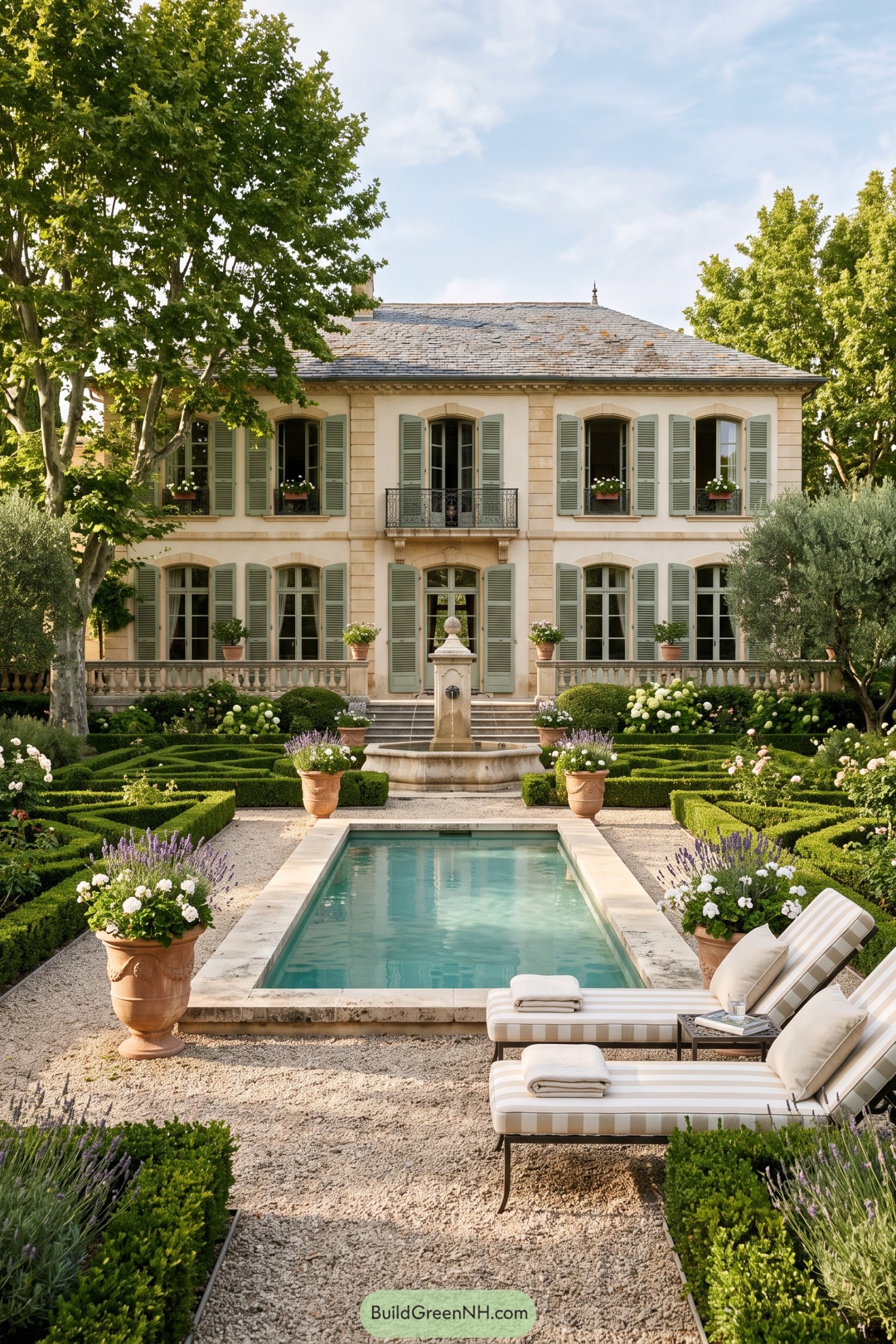 Formal garden with a narrow pool fountain boxwood parterres and lavender borders