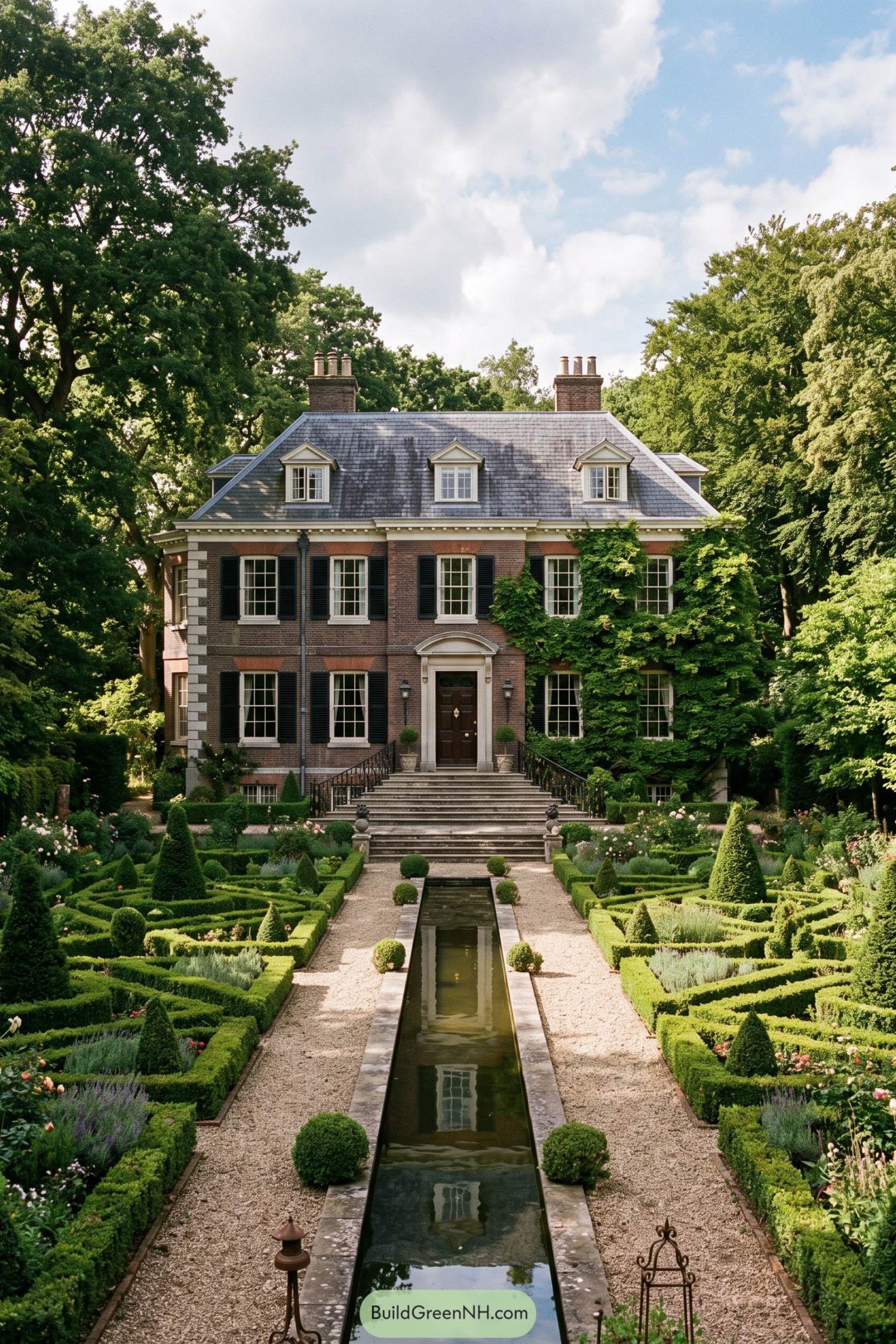 Brick Georgian house with formal hedges and reflecting pool