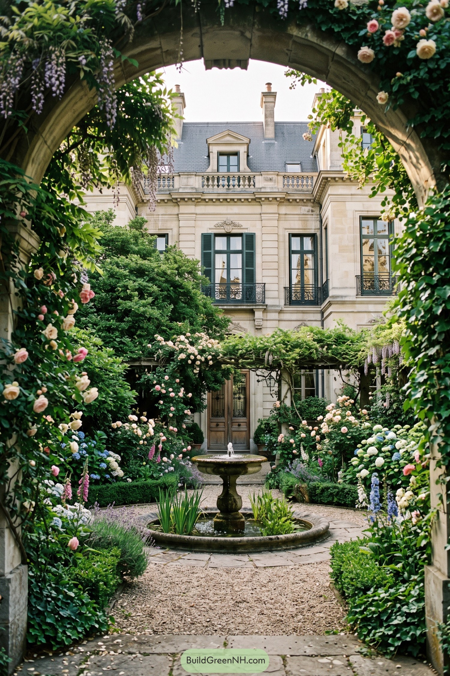 Lush rose courtyard with fountain before limestone mansion