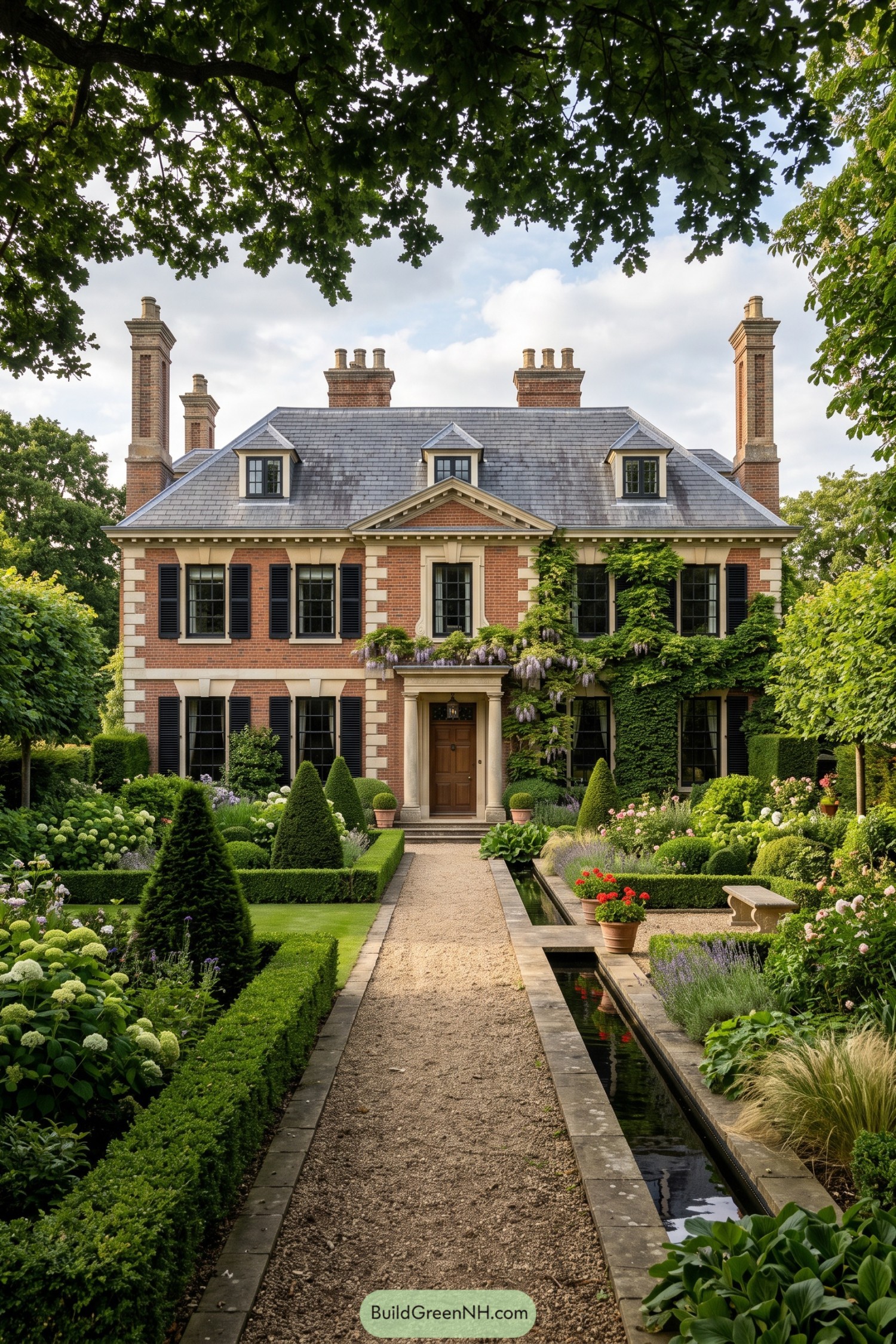 Brick manor framed by clipped hedges flowering borders and a narrow water rill