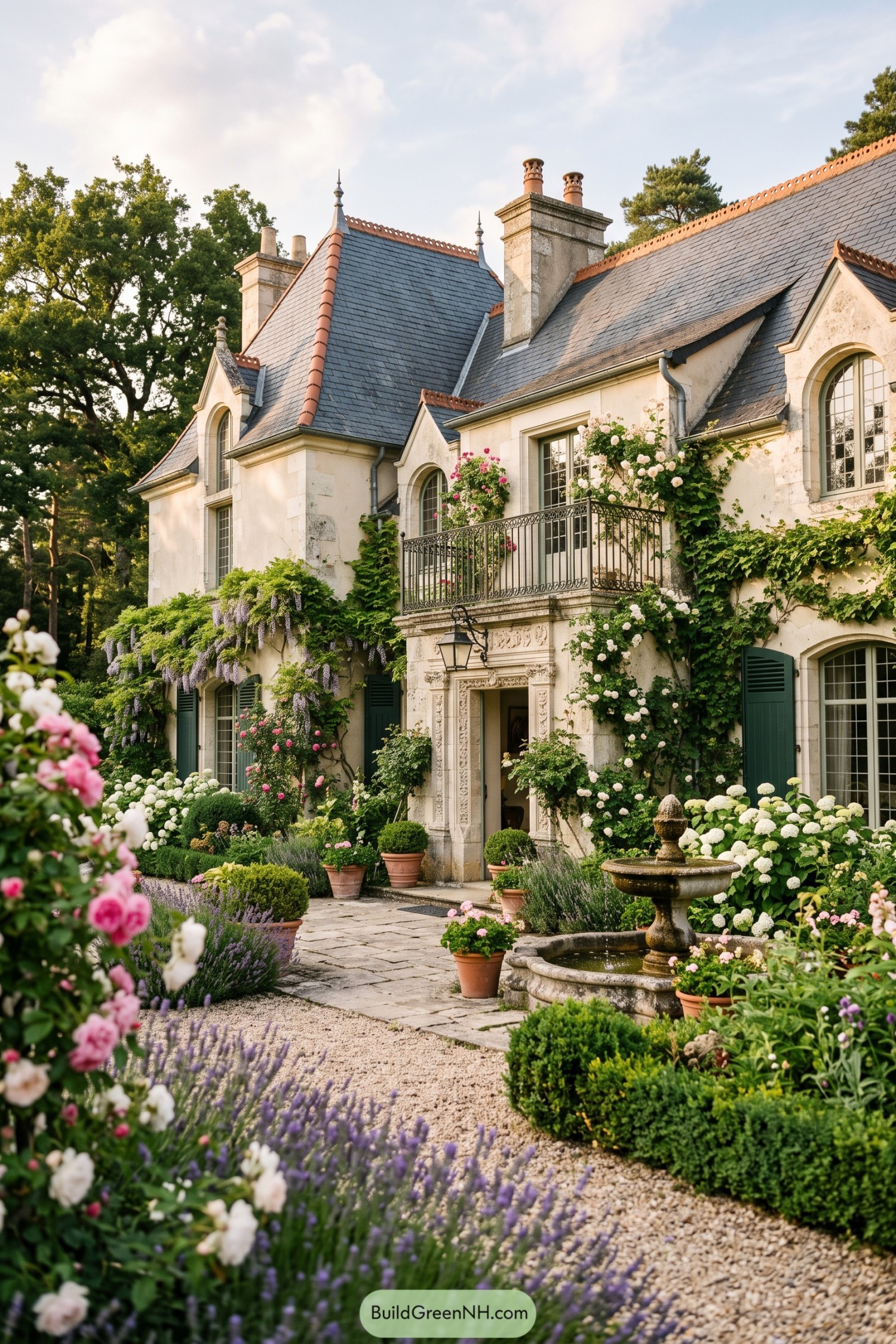 Stone villa with climbing roses lavender and a courtyard fountain