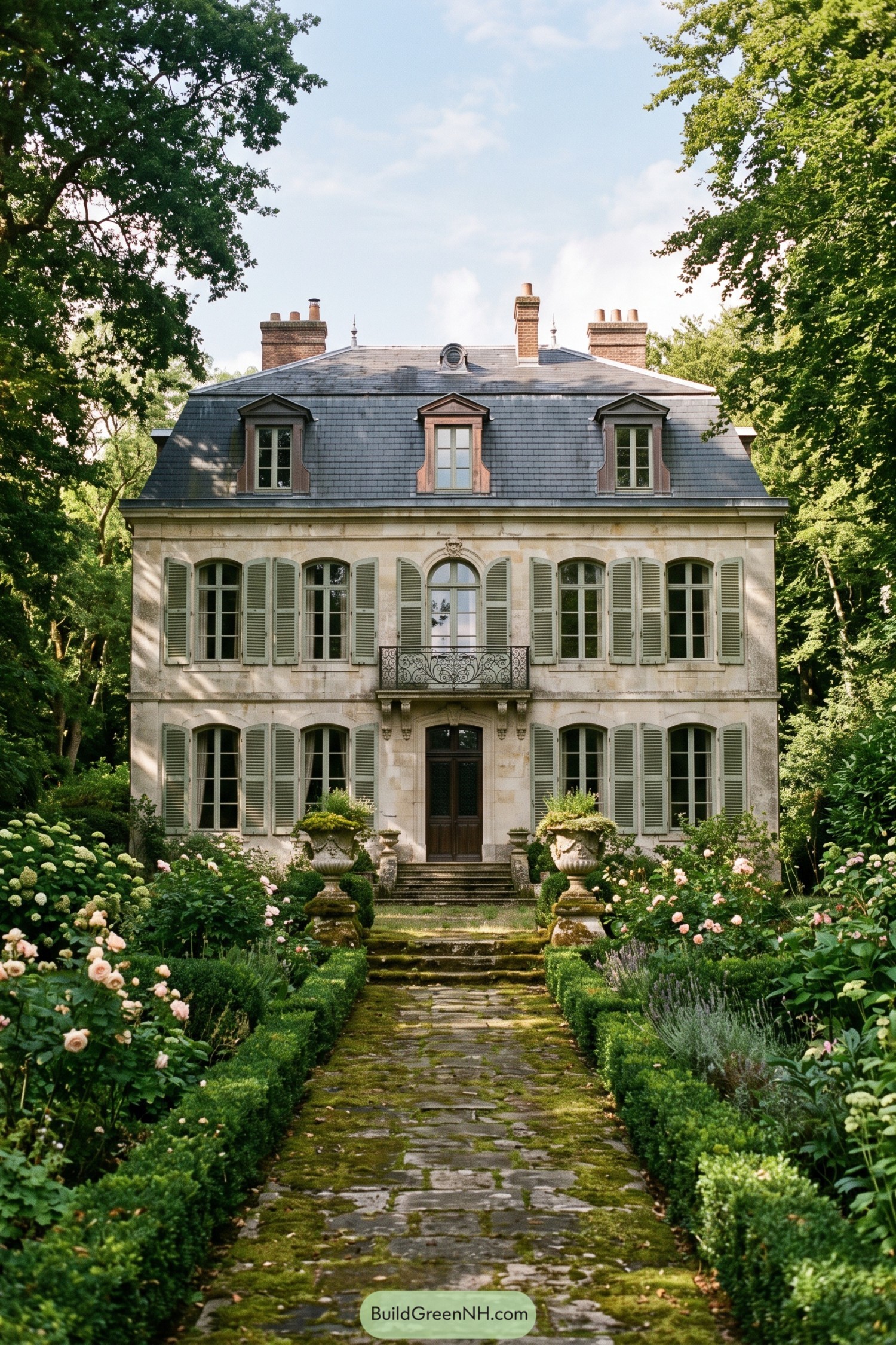 Limestone villa with green shutters and rose-lined path