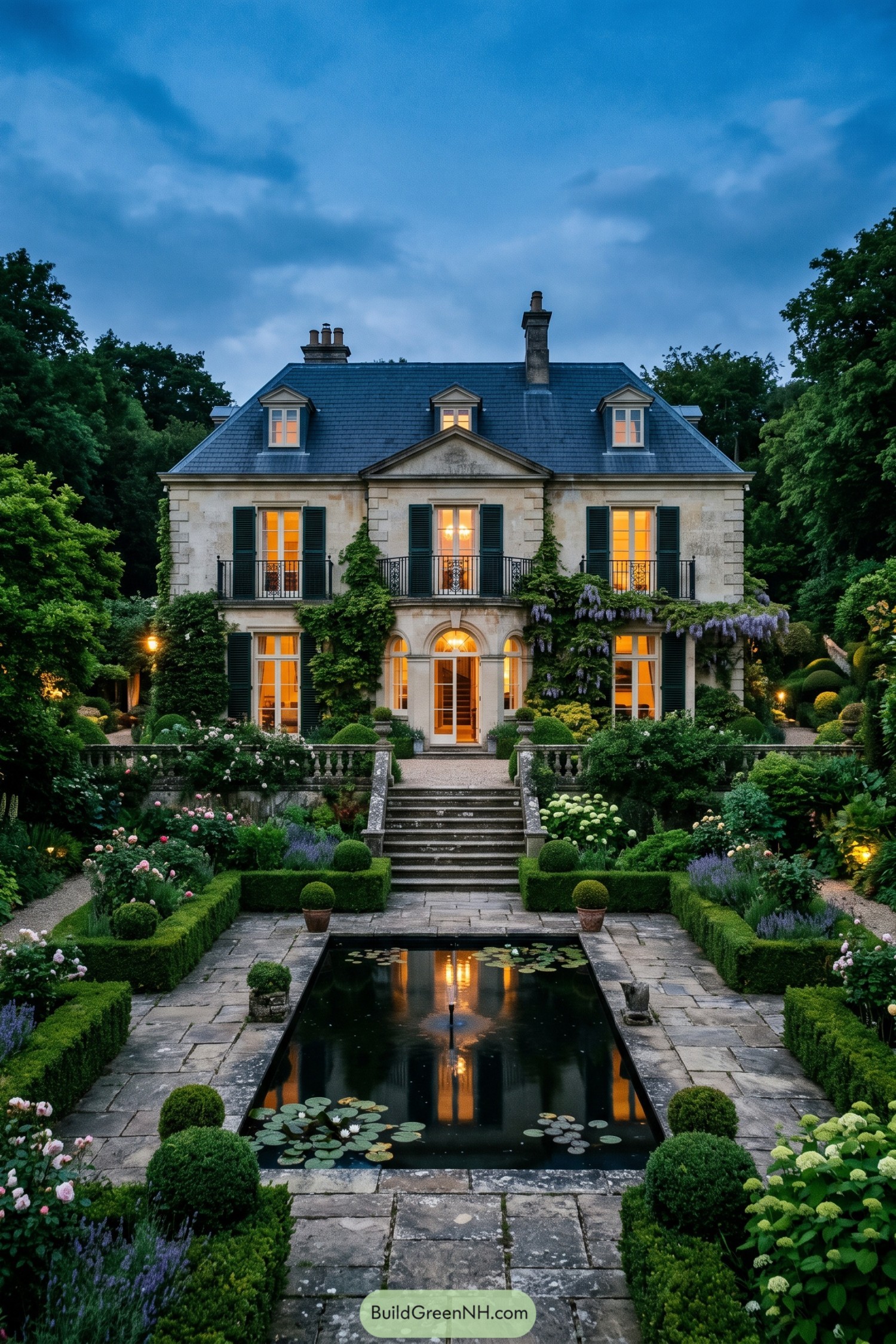 Stone villa with wisteria and formal reflecting pool