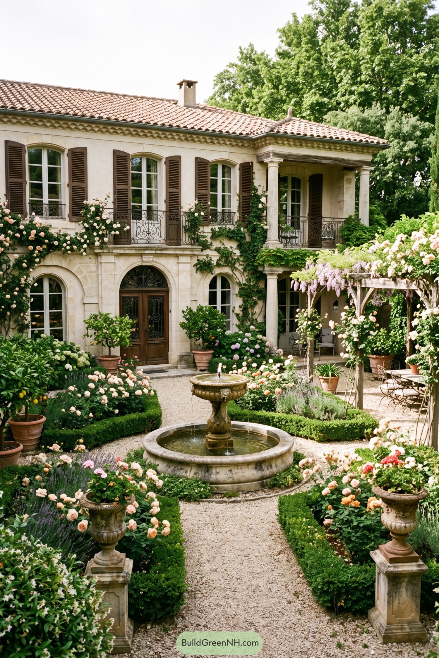 Stone fountain amid roses and clipped boxwood beside a villa