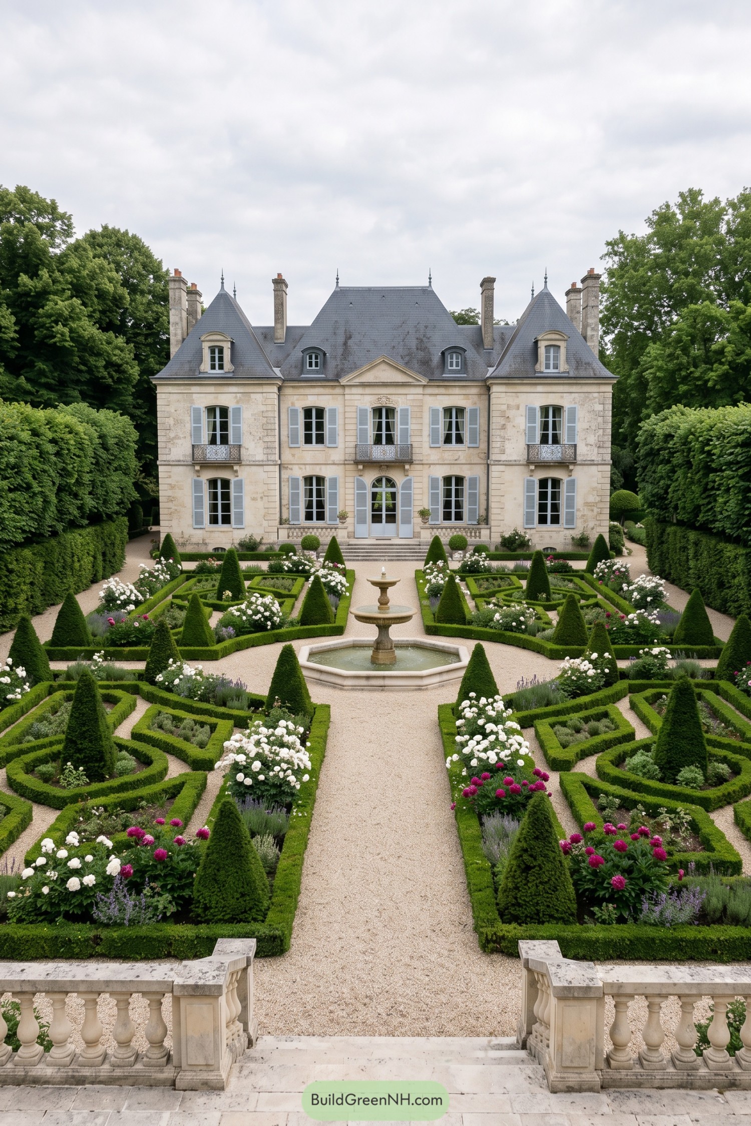 Formal boxwood parterre garden before a limestone château with central fountain