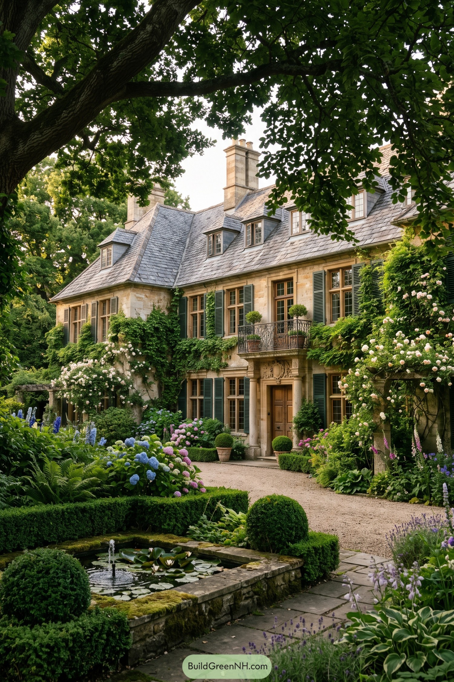 Stone manor with green shutters beside a lily pond and hydrangea garden