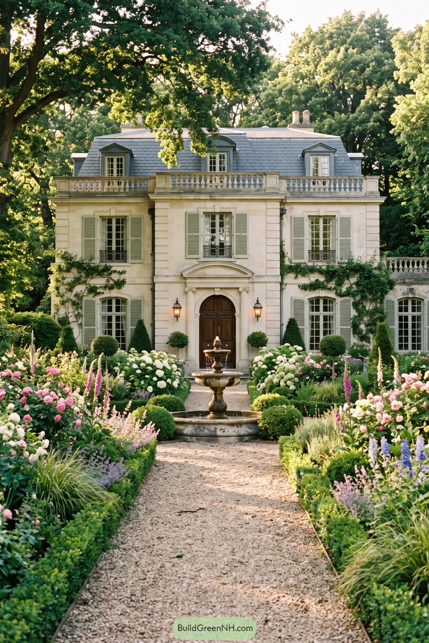 Pale stone villa with fountain and flower-lined gravel path