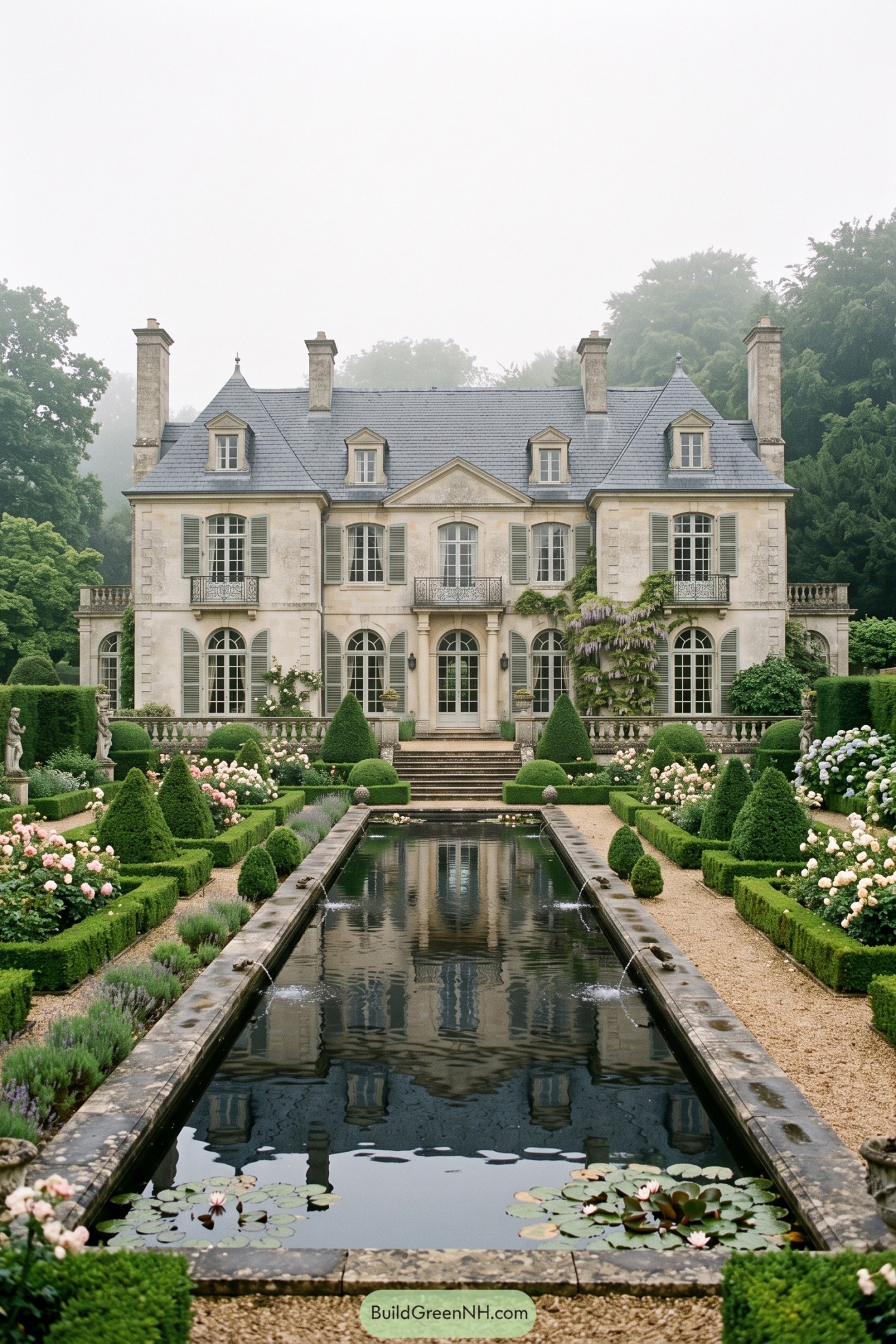Formal limestone manor with a lily canal and rose gardens
