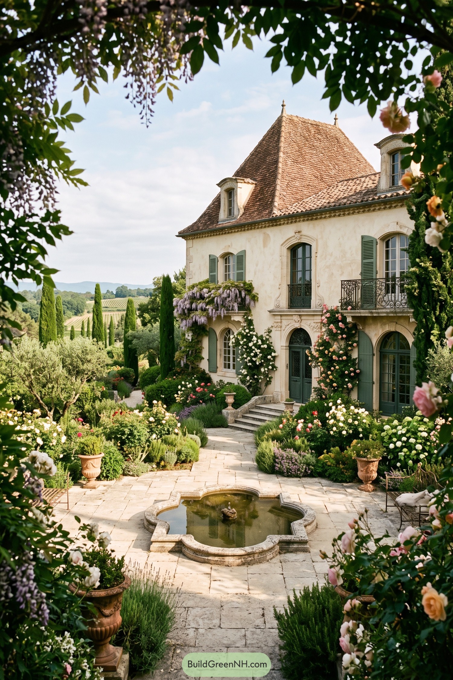 Stone villa with roses cypresses and a clover fountain