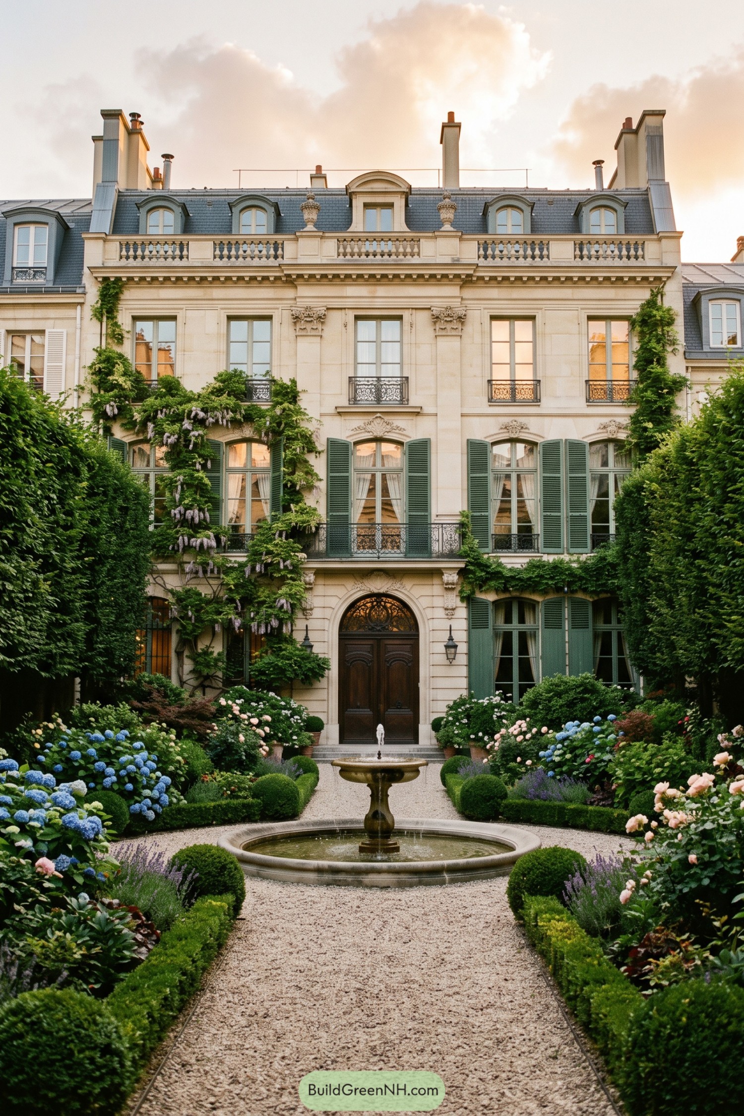 Formal townhouse garden with fountain hydrangeas and climbing wisteria