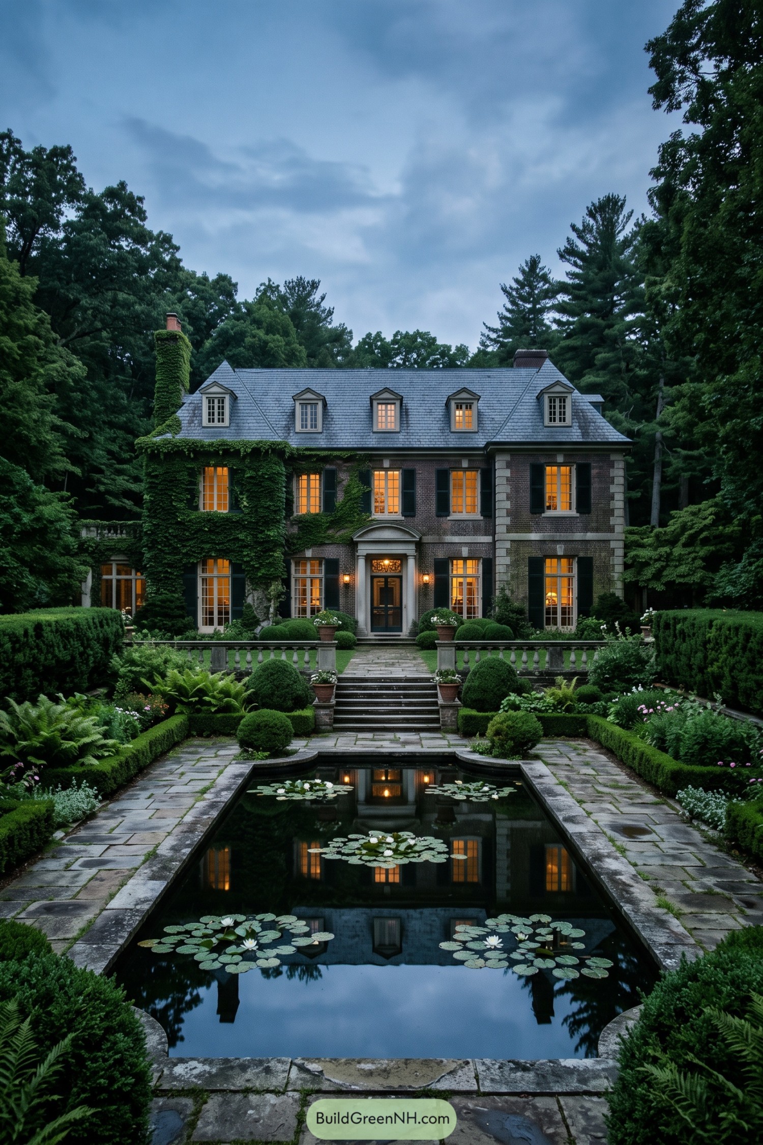 Brick estate with a formal lily pool and clipped gardens