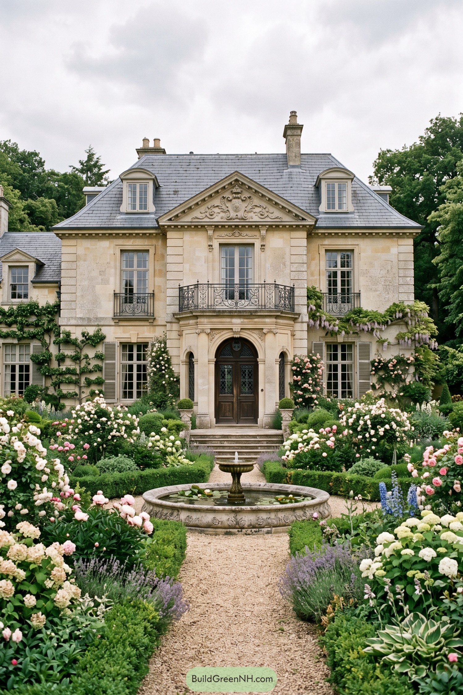 Stone villa with formal rose garden and fountain