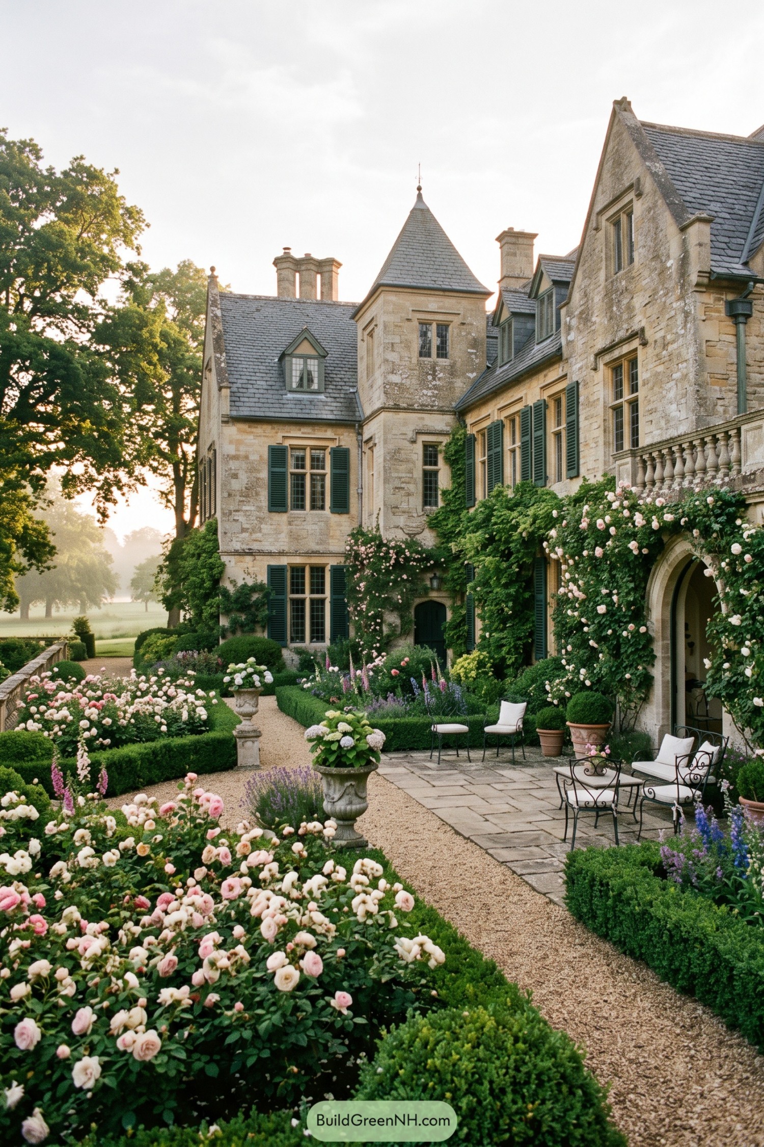 Stone Gothic Revival manor with rose-lined courtyard garden