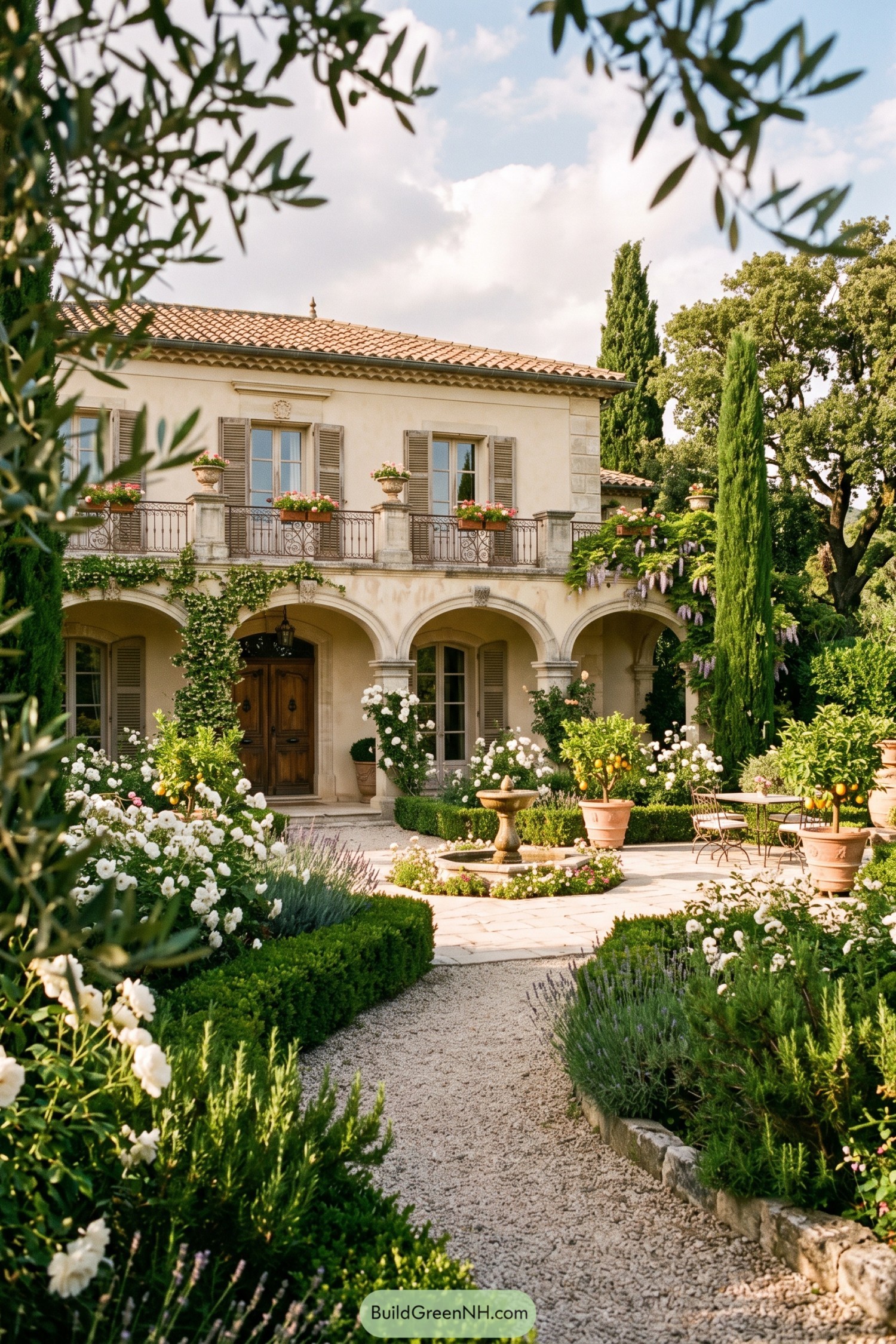 Arched villa loggia with citrus trees and roses