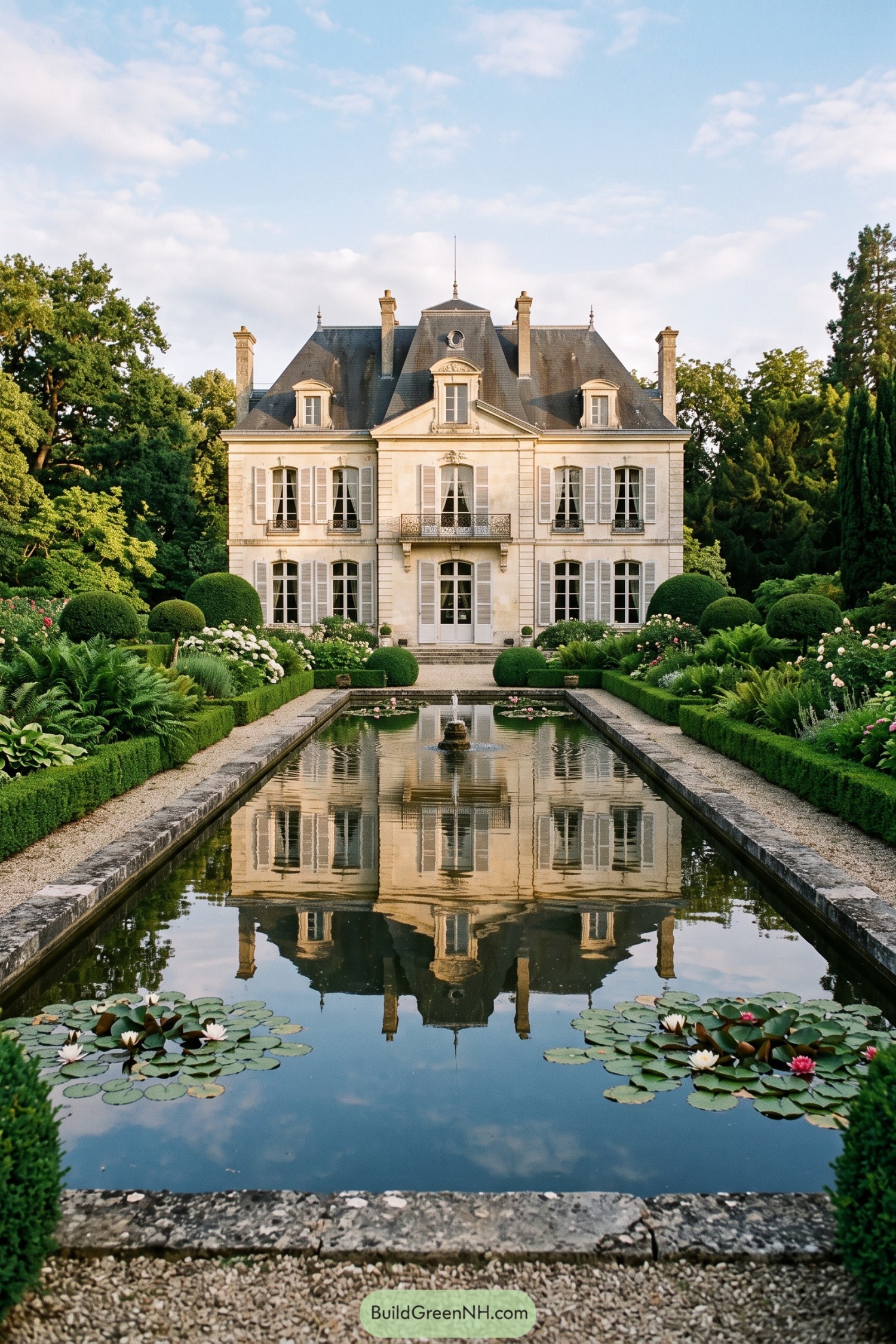 French château with a formal lily pool and clipped garden borders