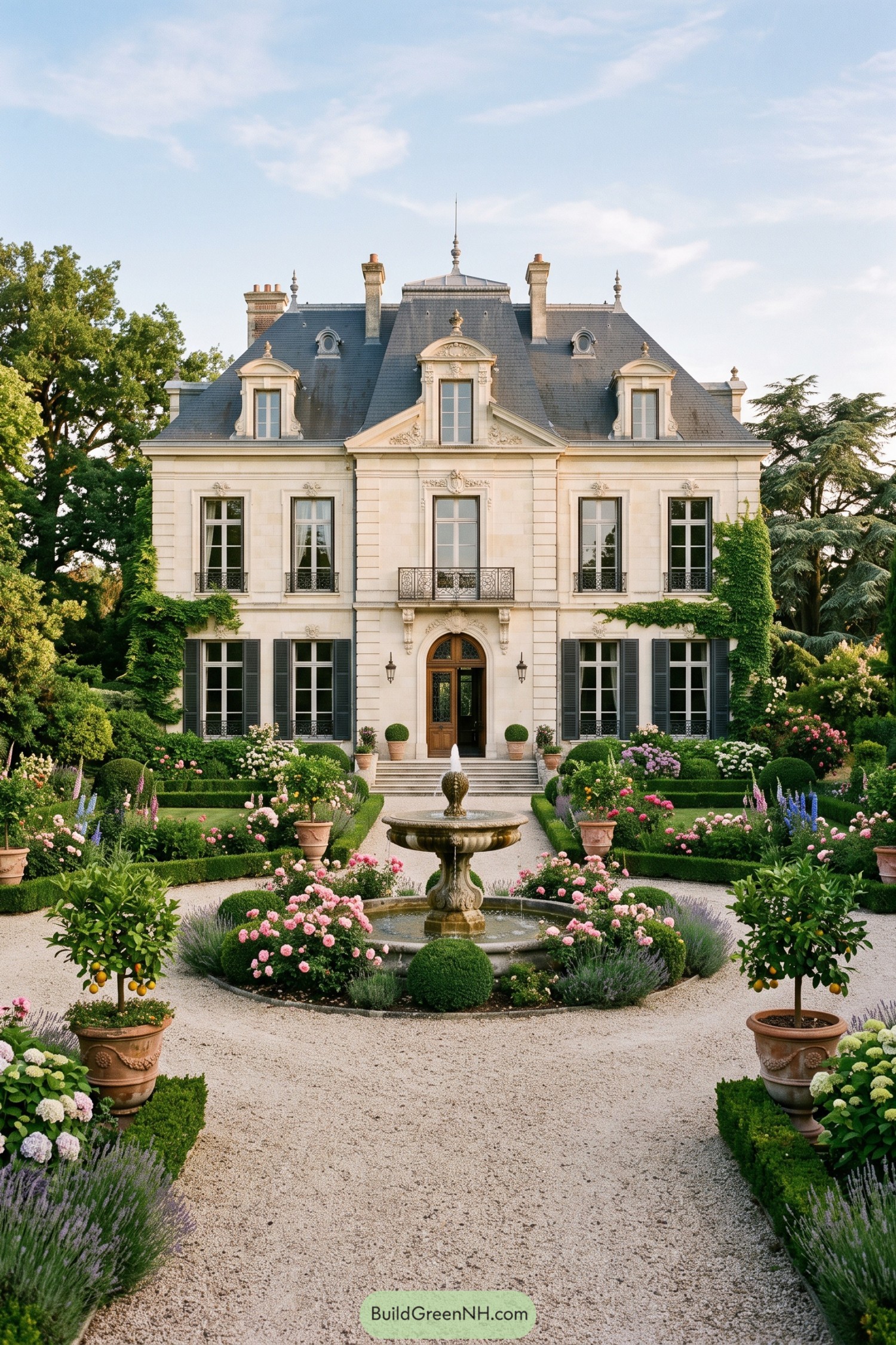 Formal French manor with a fountain garden and flowering borders