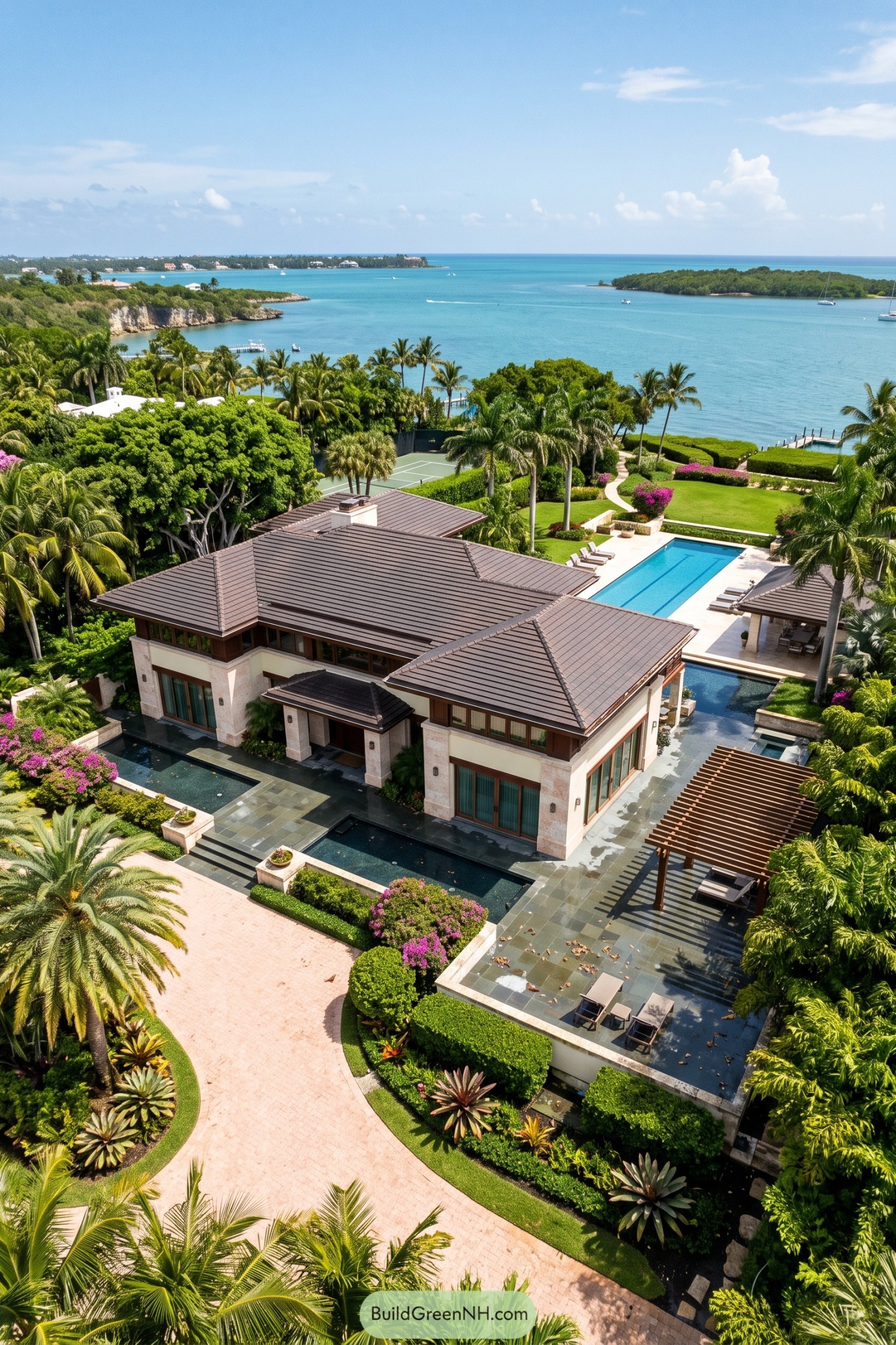 A tropical waterfront prairie home with pool and palms