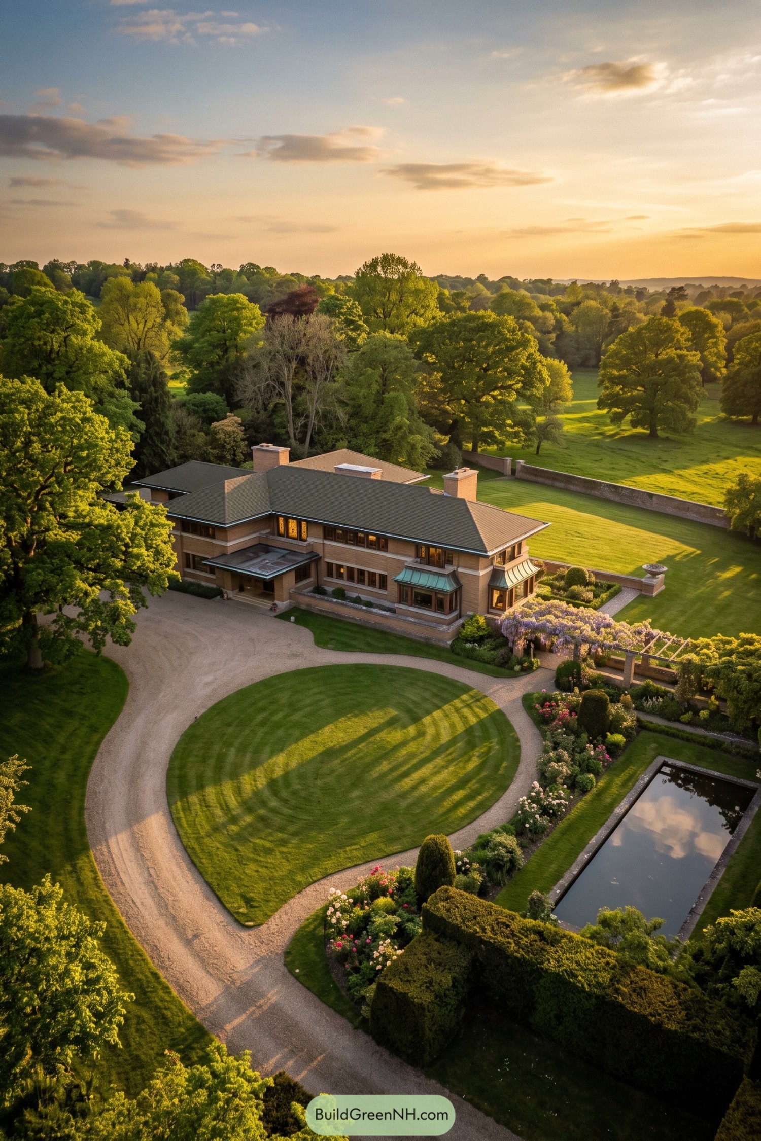 Aerial view of a brick Prairie estate with formal gardens and reflecting pool