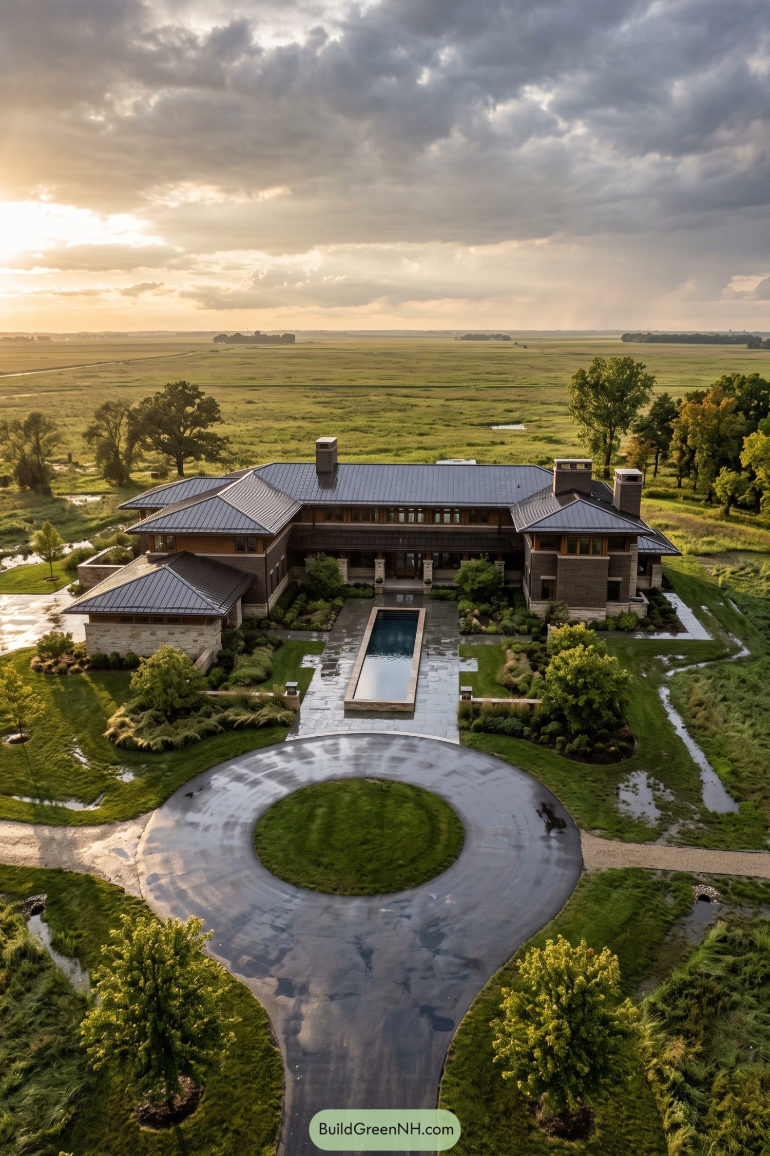 Aerial view of a Prairie style estate with reflecting pool