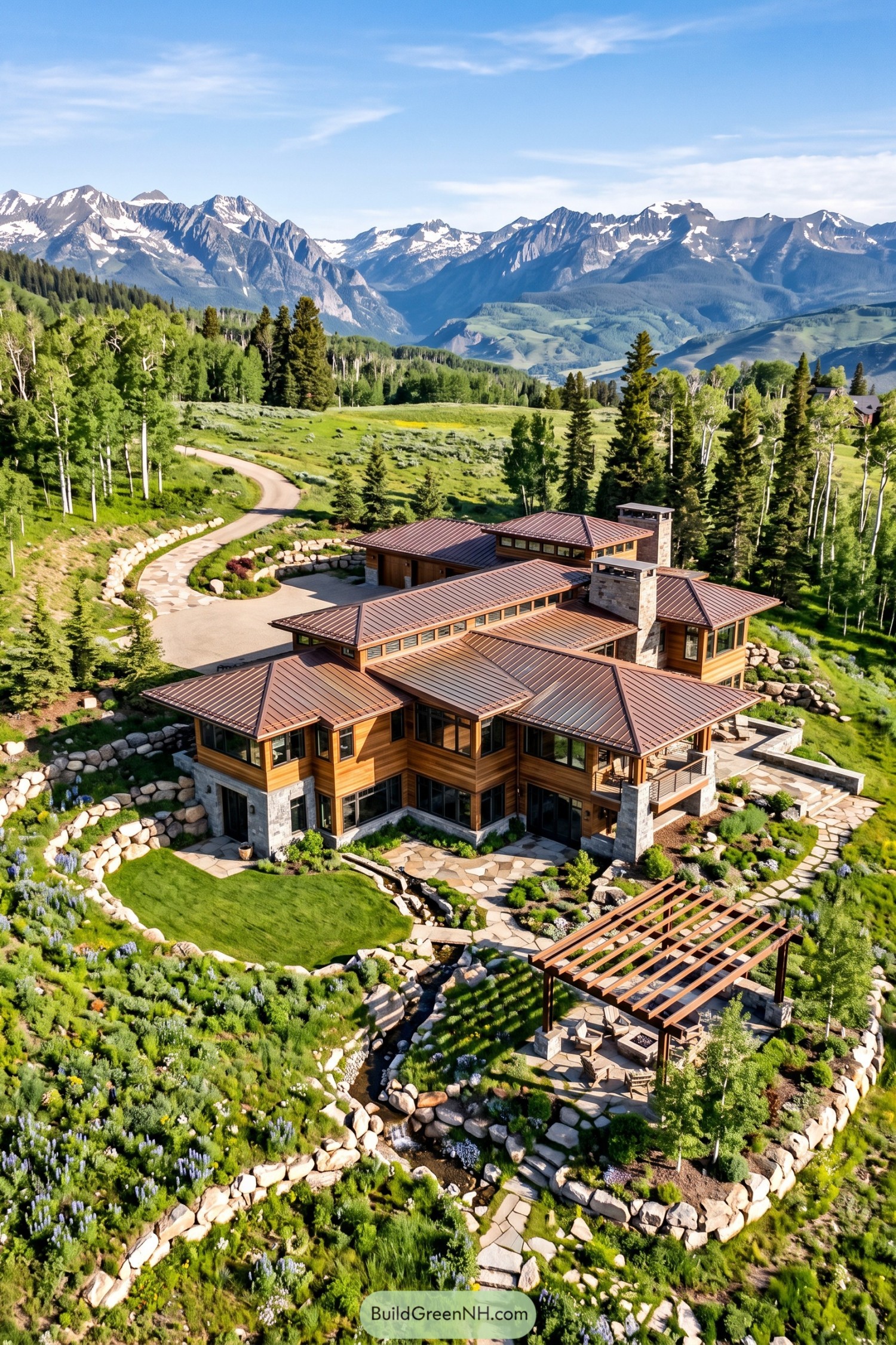 Mountain prairie home with copper roofs stone terraces and a timber pergola