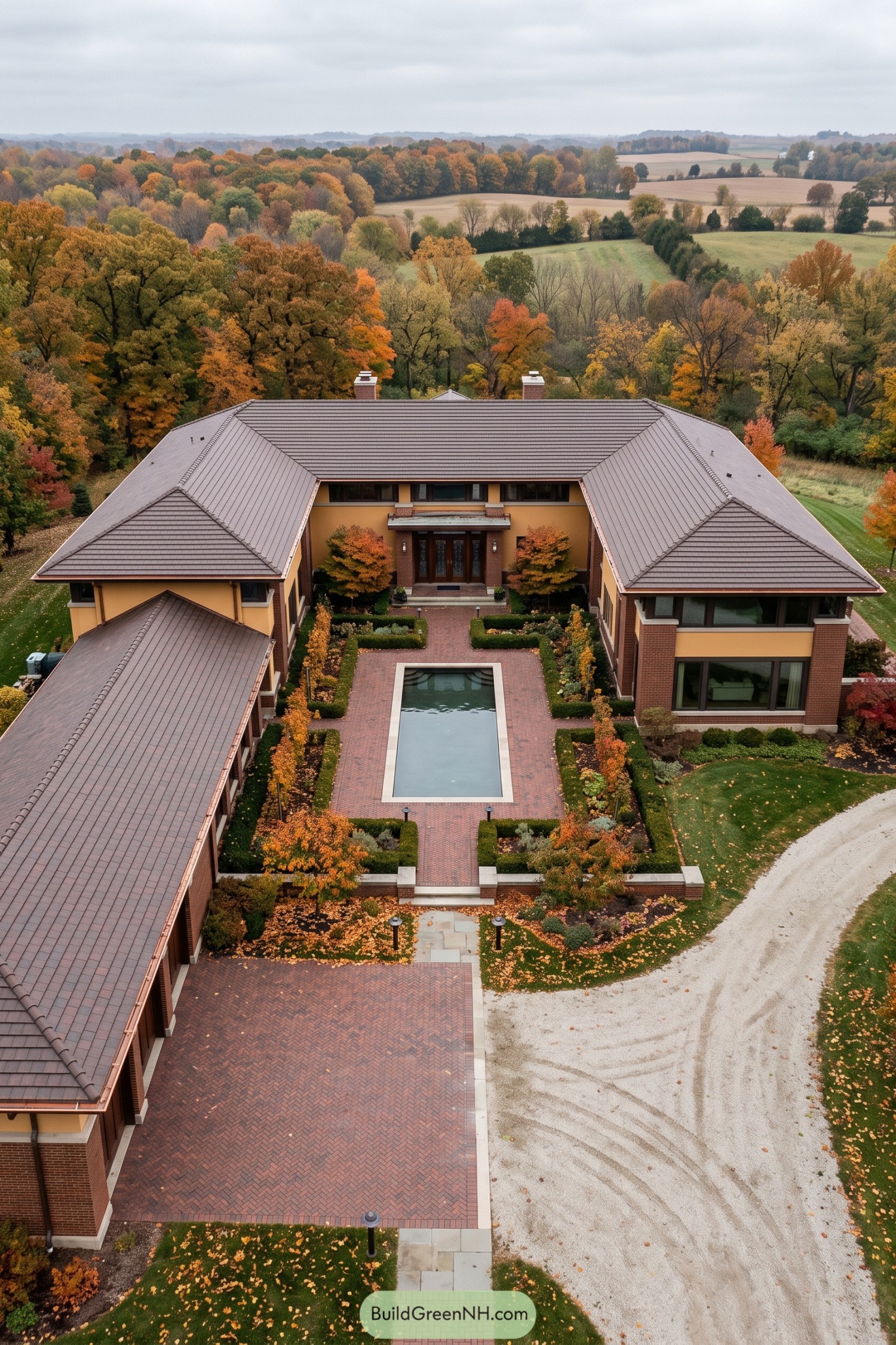 Aerial view of a brick Prairie estate with reflecting pool