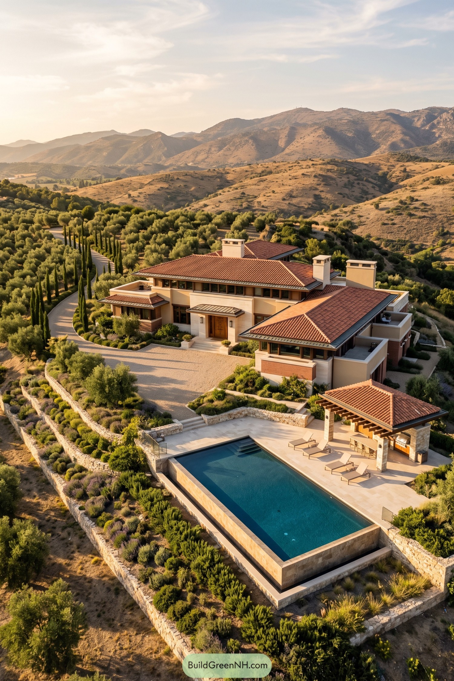 Prairie style villa with terracotta roofs pool and olive groves