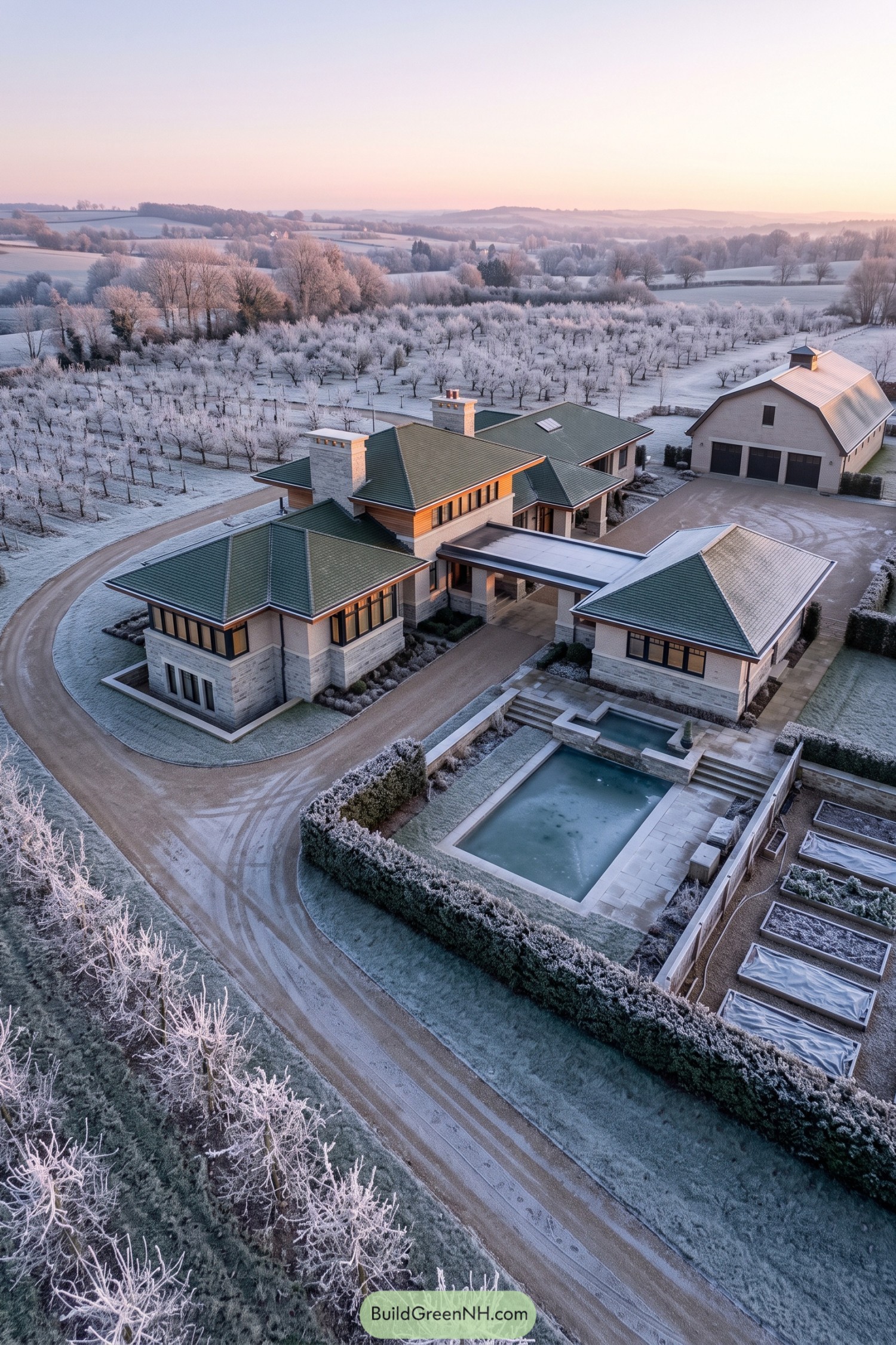 Frosted prairie home beside an orchard and pool
