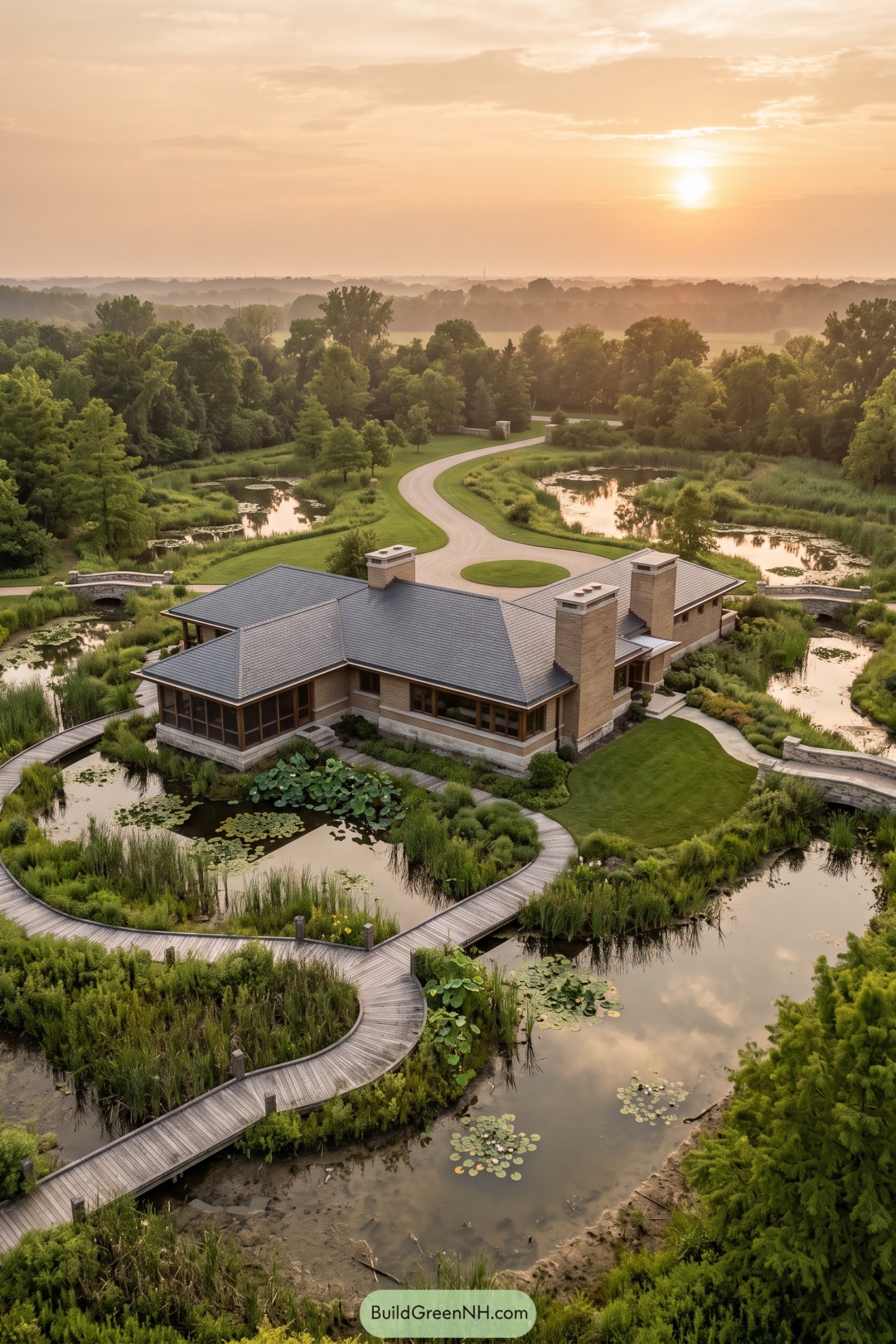 Prairie home with boardwalks among lily ponds